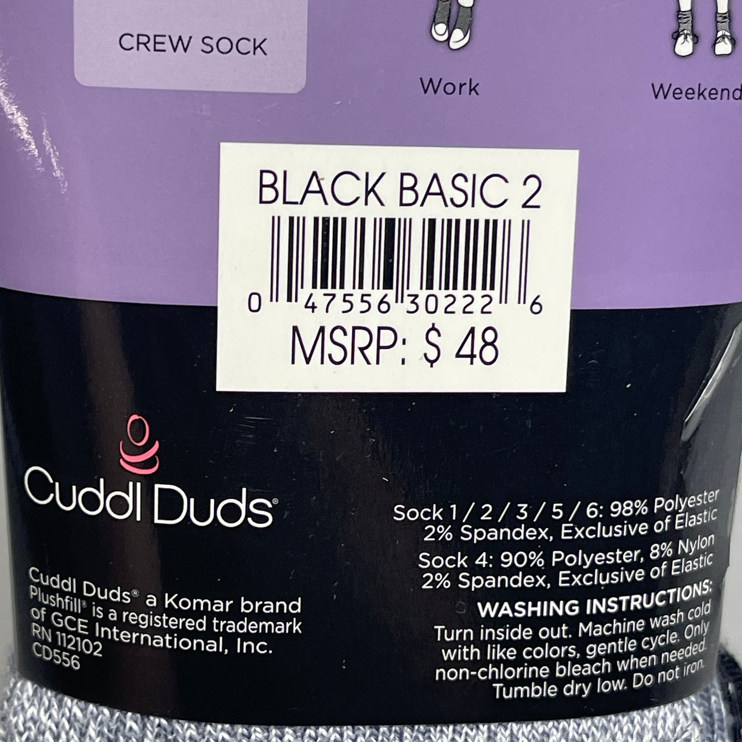 CUDDLE DUDS Super Soft Midweight Crew Socks 6 Pair Black Basic 2 Sz 4-10 (New)