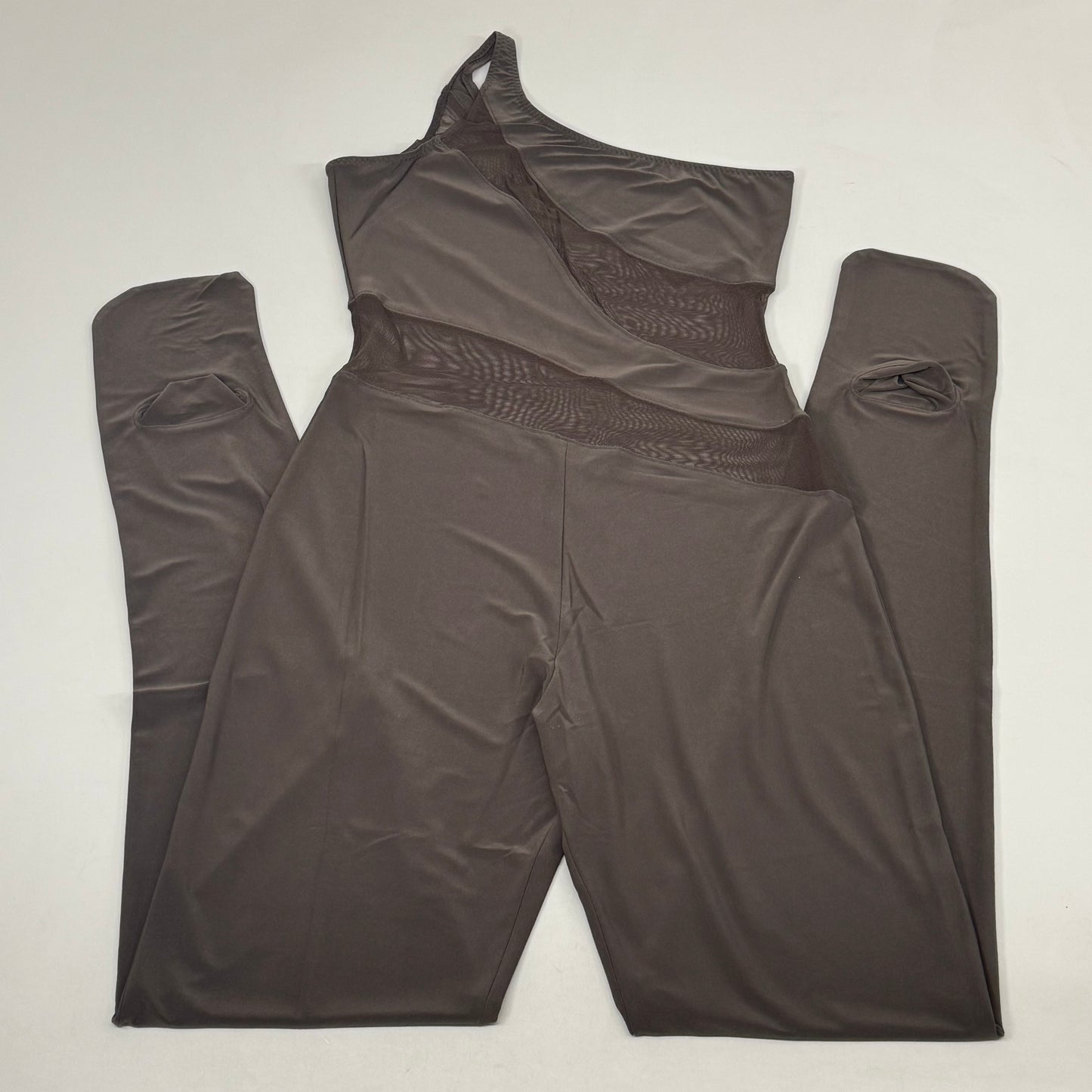 NORMA KAMALI One Shoulder Snake Mesh Catsuit Footsie Women's Sz XL/42 Chocolate