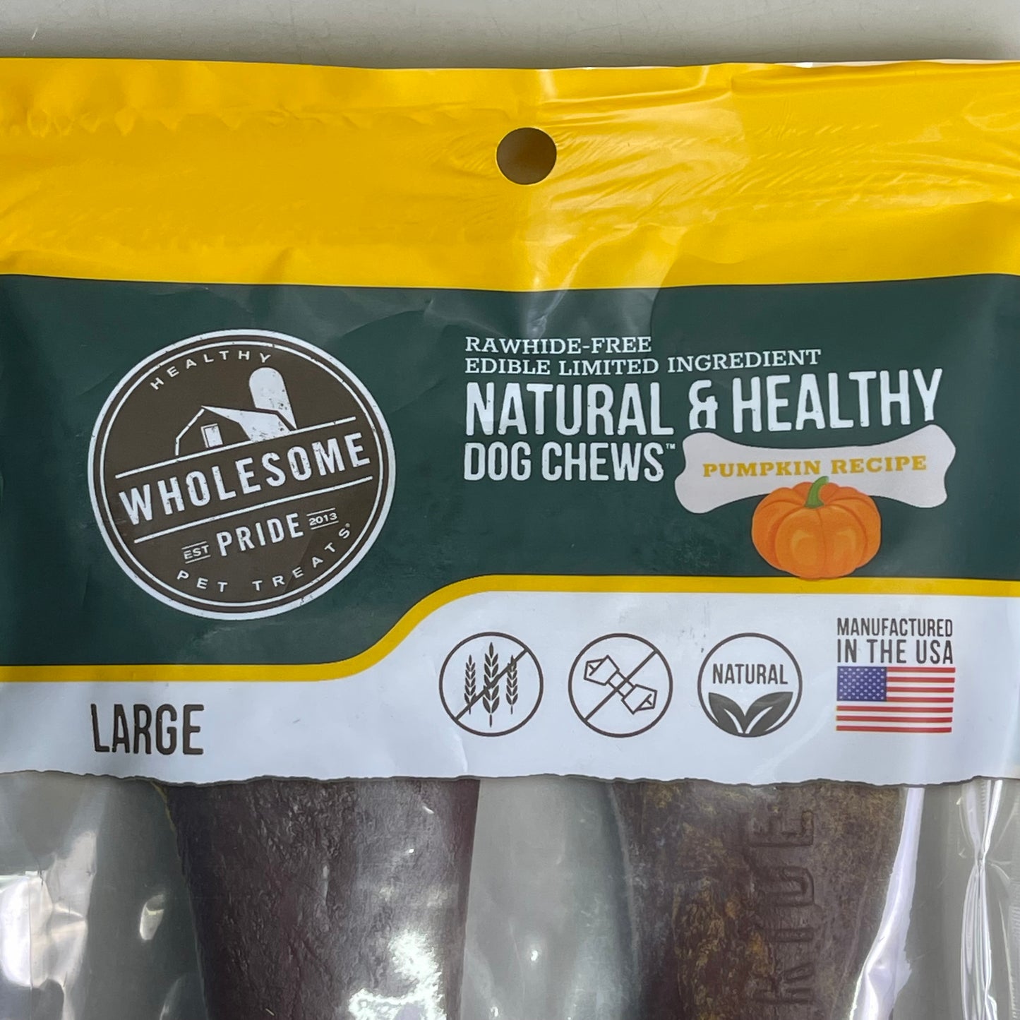 WHOLESOME PRIDE (2-PACK) Natural & Healthy Dog Chews Pumpkin Recipe Large 2 Bones 70544