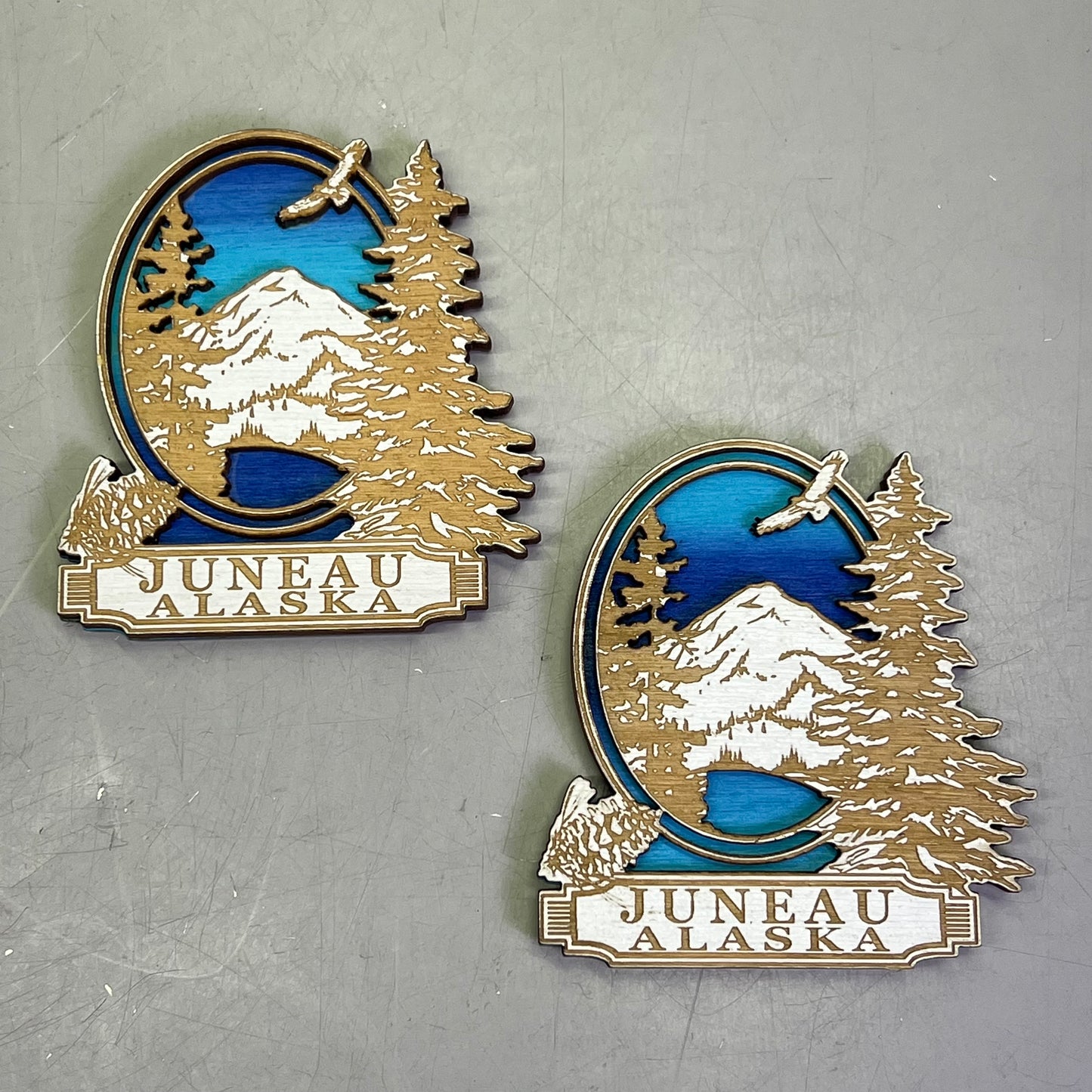 (2 PACK) Eagle in Mountains Laser Cut Wood Magnet Souvenir JUNEAU,AK Made In USA