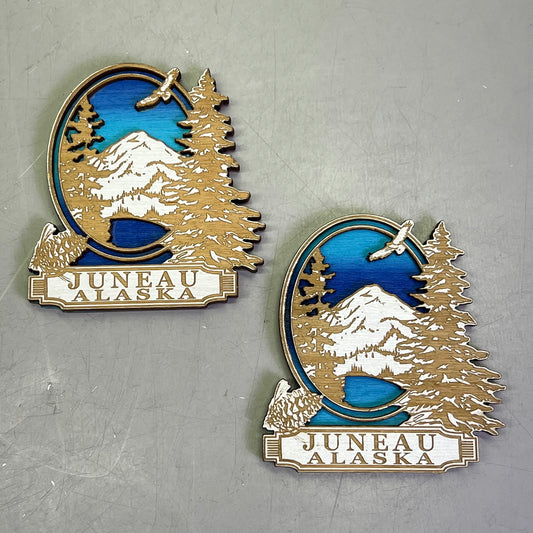 (2 PACK) Eagle in Mountains Laser Cut Wood Magnet Souvenir JUNEAU,AK Made In USA