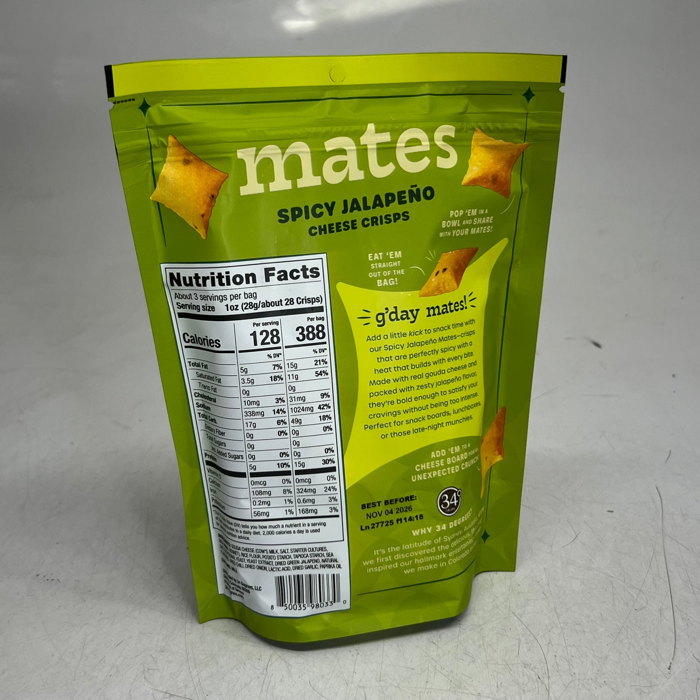 34 DEGREES (4 PACK) Mates Rosemary & Garlic Cheese Crisps 3 oz BB 11/26