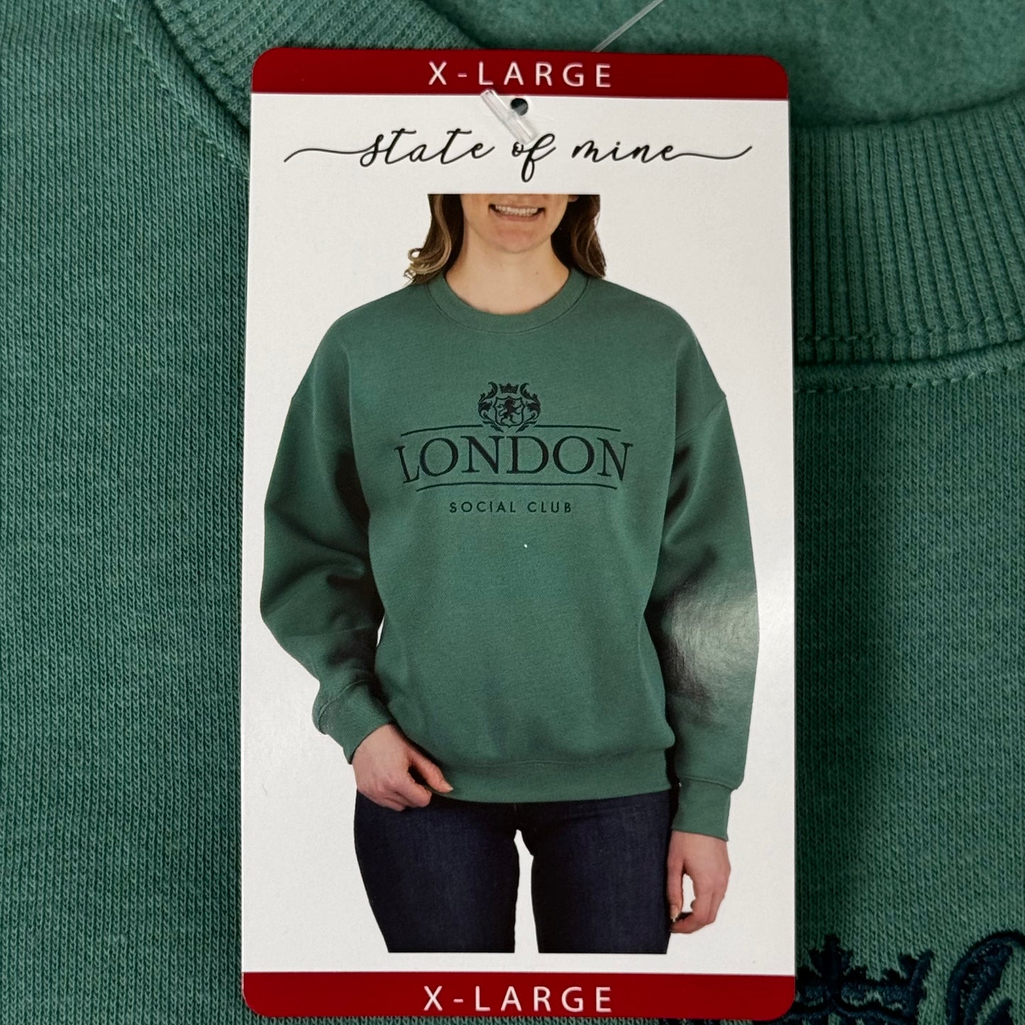 STATE OF MINE London Embroidered Crewneck Hoodie Sage Women's Sz XL 15711