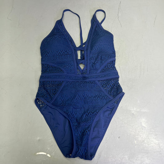 CHARMO Solid Cross Plunge Crochet One Piece Swimsuit Women's Sz S Blue