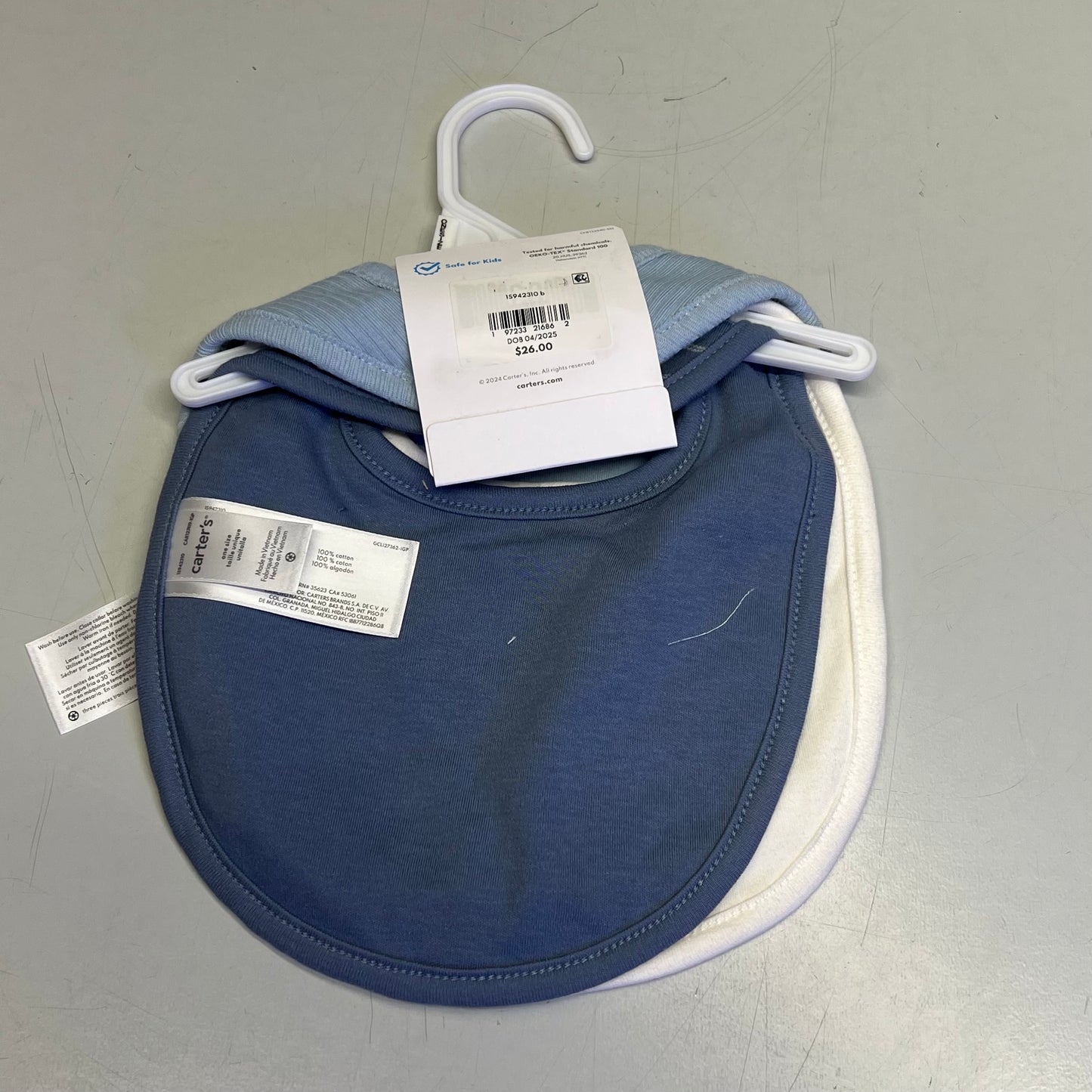 CARTERS (SET OF 3) Snap Baby Bibs Puppy Pocket Farmhouse Patterns Blue/White