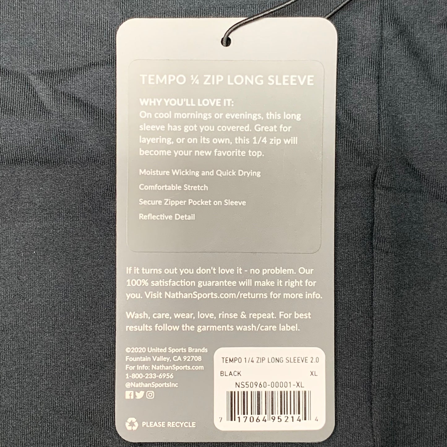 NATHAN Tempo 1/4 Zip Long Sleeve Shirt 2.0 Men's XL Black NS50960-00001-XL (New)