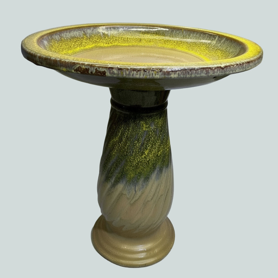 ZA@ Glazed Pottery 2 Piece Swirl Stand Bird Bath 22" L x 20" Dia Bright Yellow/Taupe