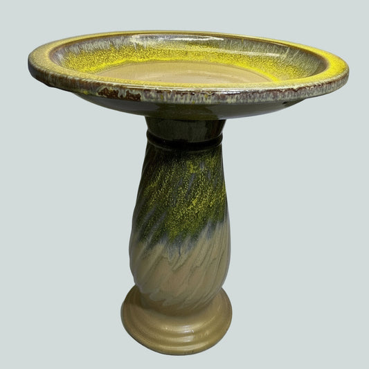 ZA@ Glazed Pottery 2 Piece Swirl Stand Bird Bath 22" L x 20" Dia Bright Yellow/Taupe