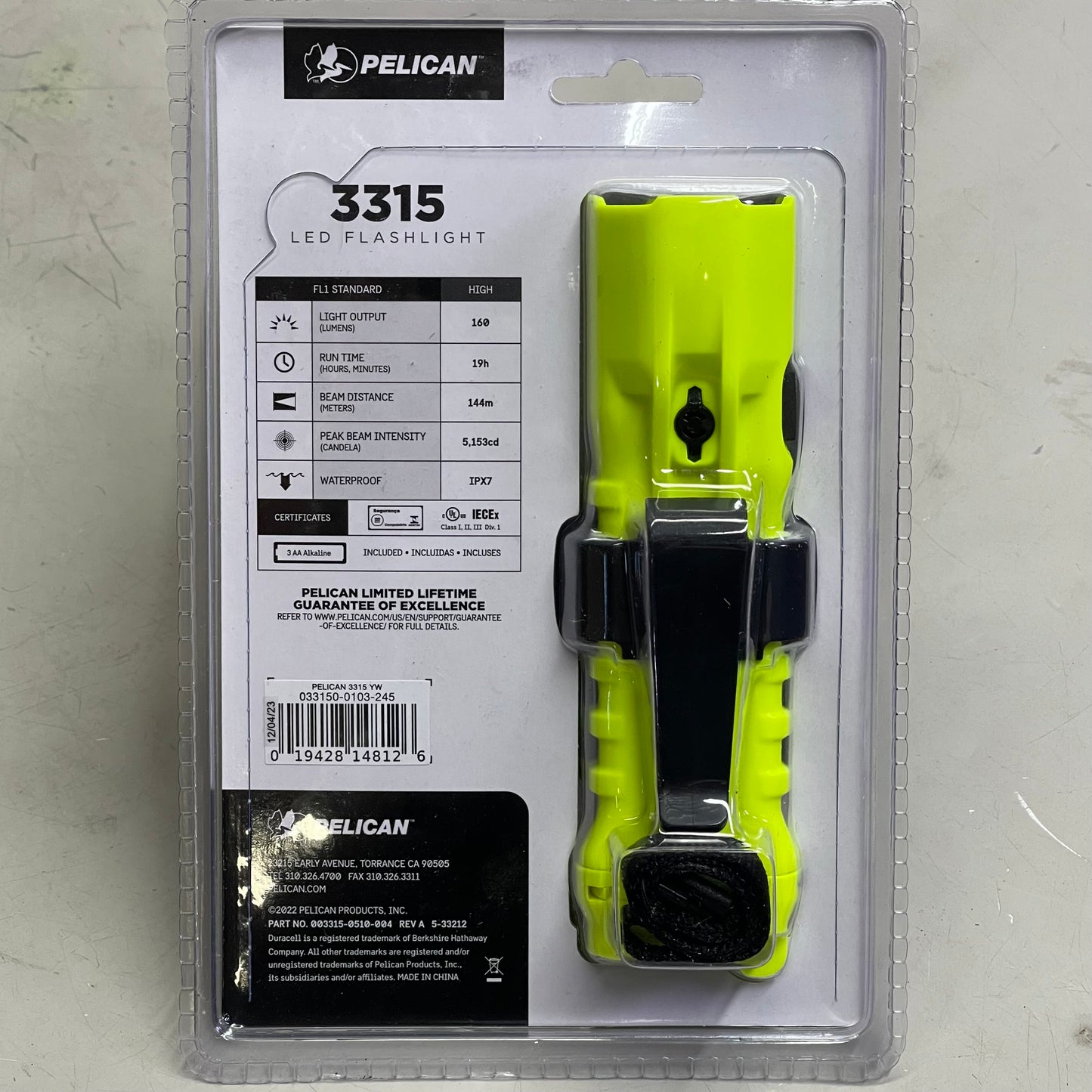 PELICAN 3315 LED Waterproof Flashlight 19-hour Neon Yellow ‎033150-0103-245