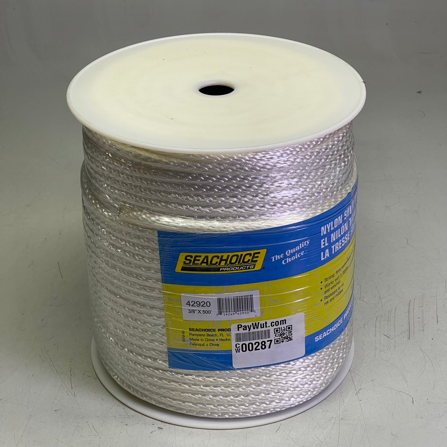 SEACHOICE Solid Braid Nylon Rope 3/8” x 500’ White 42920