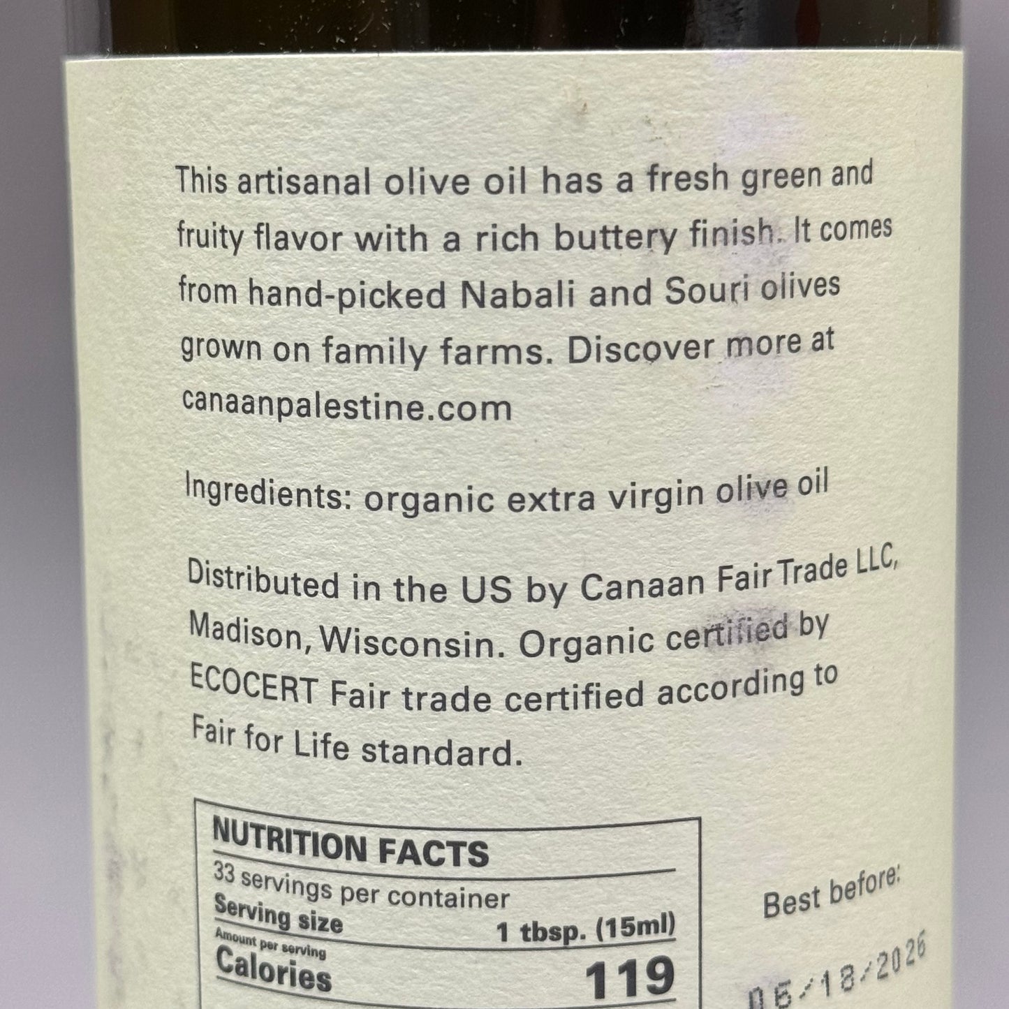 CANAAN Jerusalem Jenin Olive Oil Organic And Fair 16.9fl oz BB 06/26