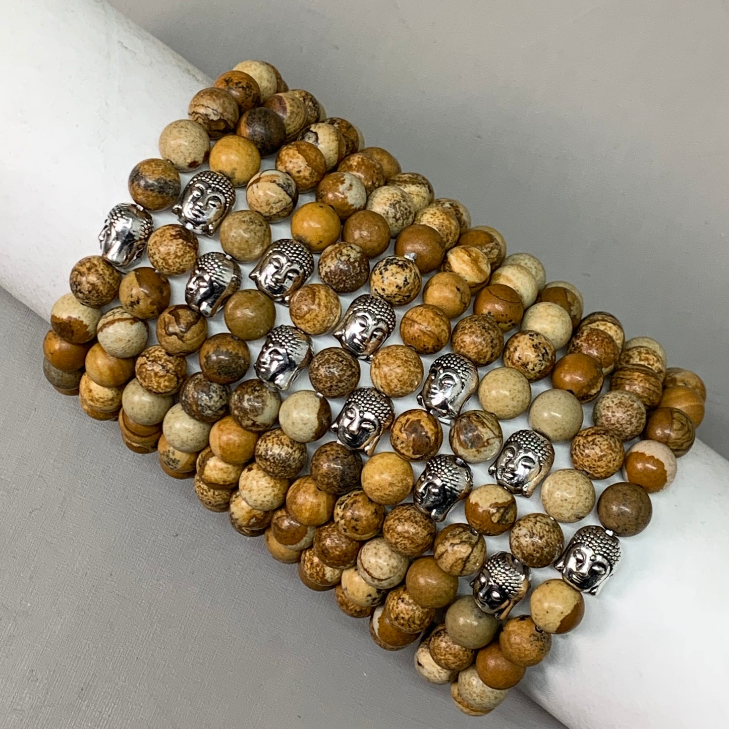 BEST WHOLESALE (12 PACK) Beaded Light Brown Crystal Bracelets 3" Buddha Head New