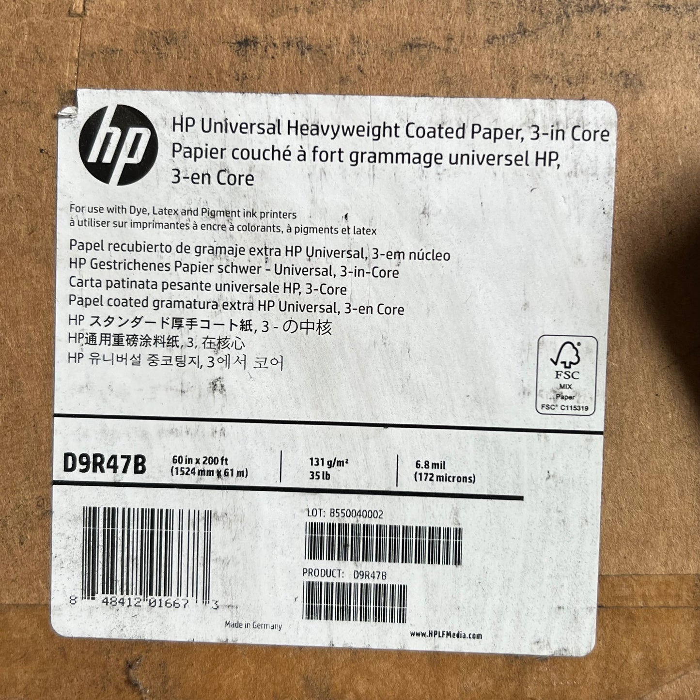 HP Universal Heavyweight Coated Paper, 3-in Core 60in x 200ft White D9R47B