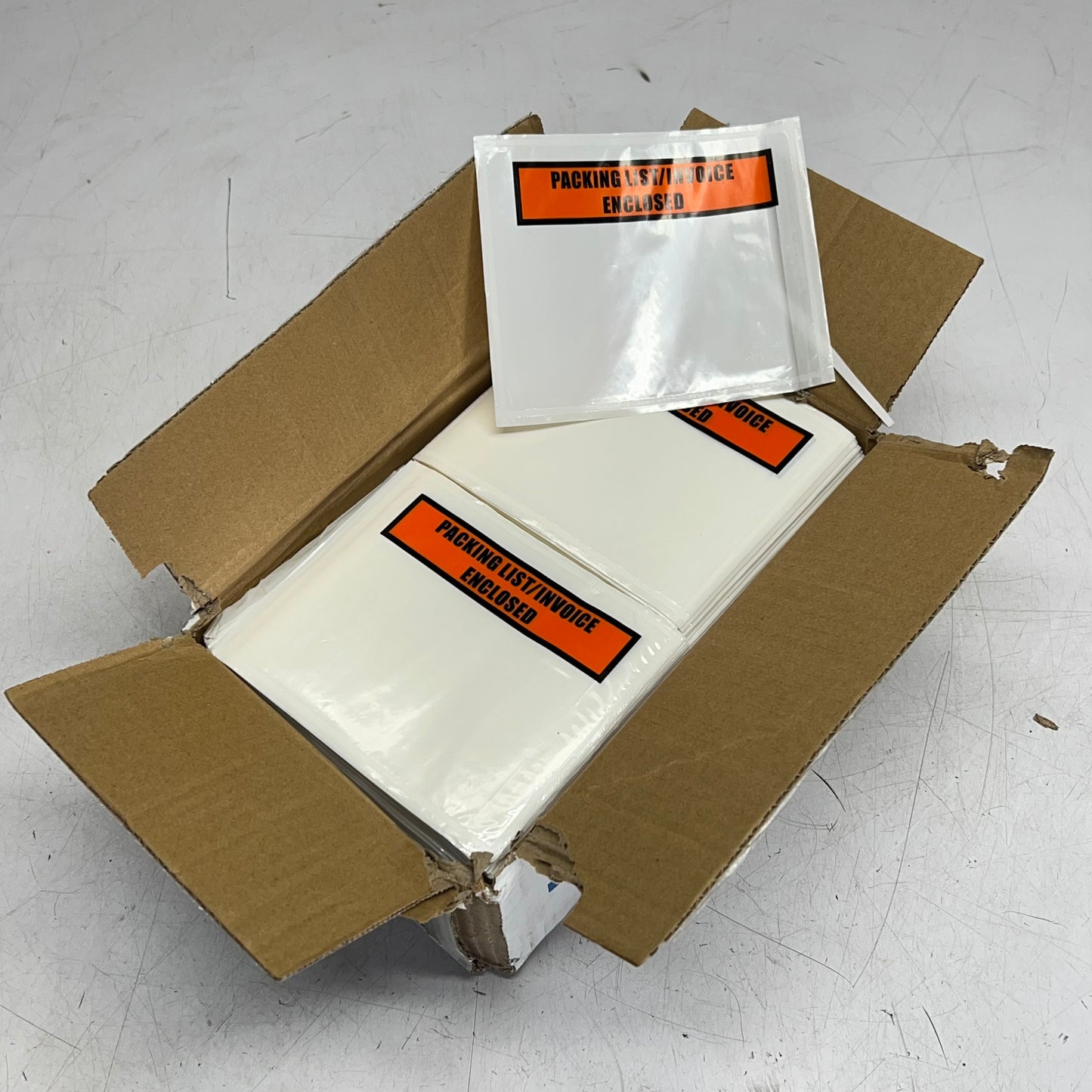 ZA@ SHORR EXPRESS  (1000 PACK) "packing List/invoice Enclosed Plastic Slips  4.5"x5.65" Clear/Orange