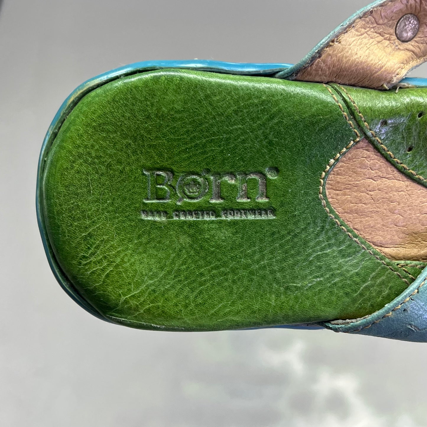 BORN Leather Beaded Flower Sandal W/ Heel Women's Sz 12 Green/Blue (Used)