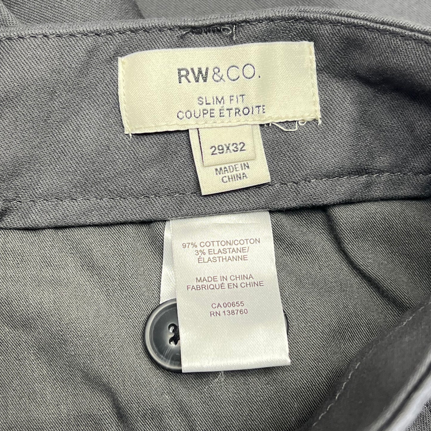RW & CO Slim-fit Super-stretch Cotton Chino Pant Men's Sz 29x32 Asphalt 486665