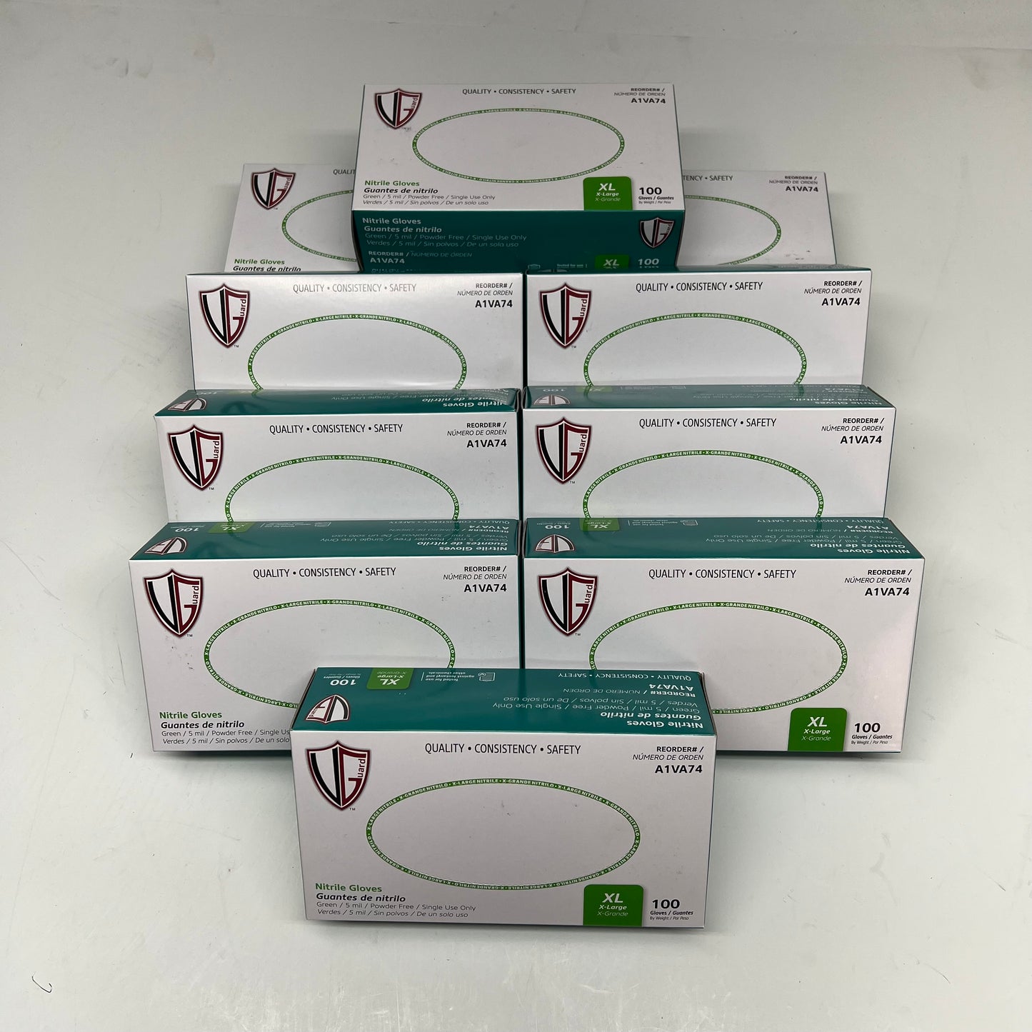 VANGUARD (10 PACK, 100 EACH) Nitrile Disposable Gloves Unisex Sz XL Green A1VA|74