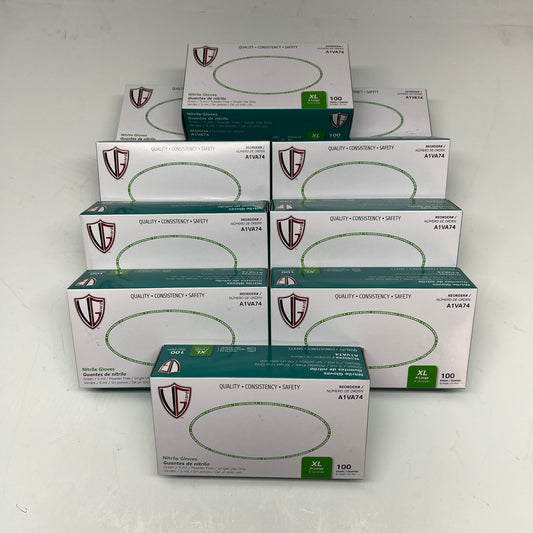VANGUARD (10 PACK, 100 EACH) Nitrile Disposable Gloves Unisex Sz XL Green A1VA|74