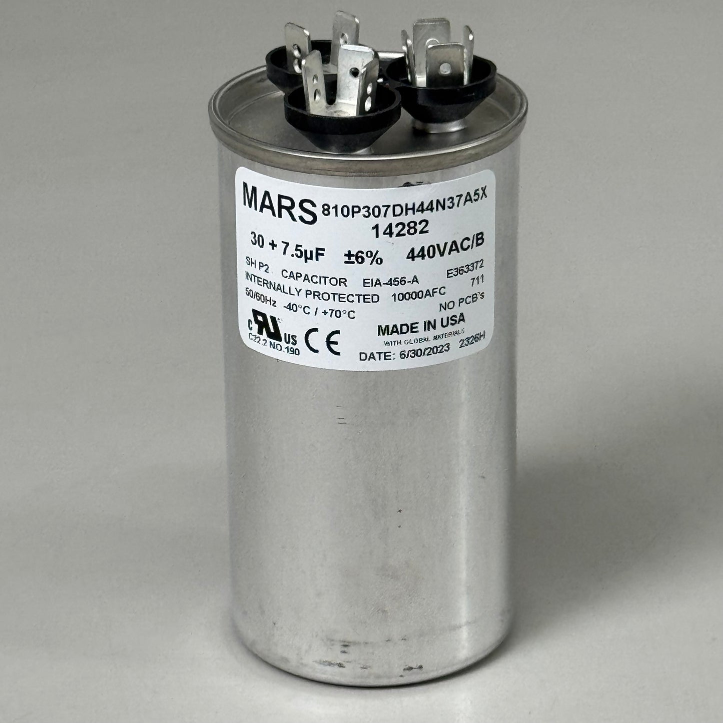 MARS Motor Run Capacitor Round 430/7.5 MFD 440/370 VAC Dual Voltage Rated 14282