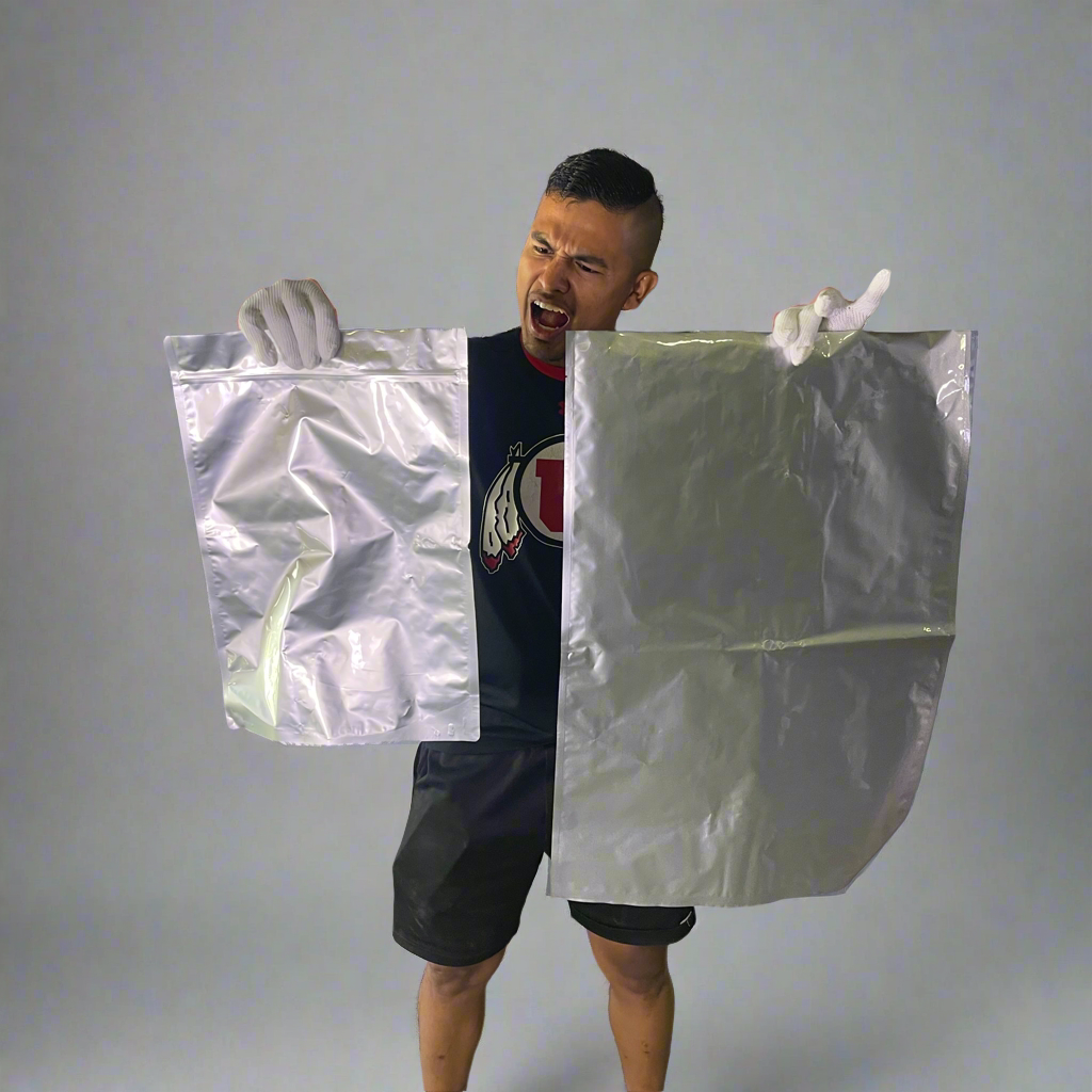 ZA@ 20 PACK! (2 Sizes: 10 of Each) Silver Foil Food Sealing Bags w/ Moisture Packs Sz 20”Wx30”L & 13”Wx18”L B