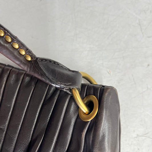 MIU MIU Bosco Leather Pilsse Tote Gold Studded Handle 14"x14" Brown (Pre-Owned)