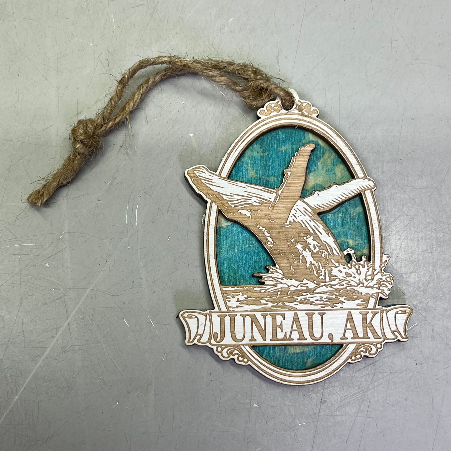 (2 PACK) Blue Whale Laser Cut Wood Collectable Ornament Juneau Alaska Souvenir