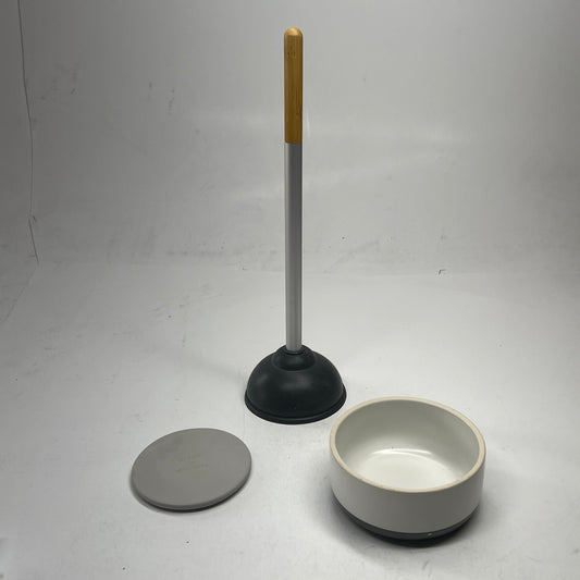FULL CIRCLE Royal Plunge Toilet Plunger W/ Ceramic Holding Bowl White/Grey