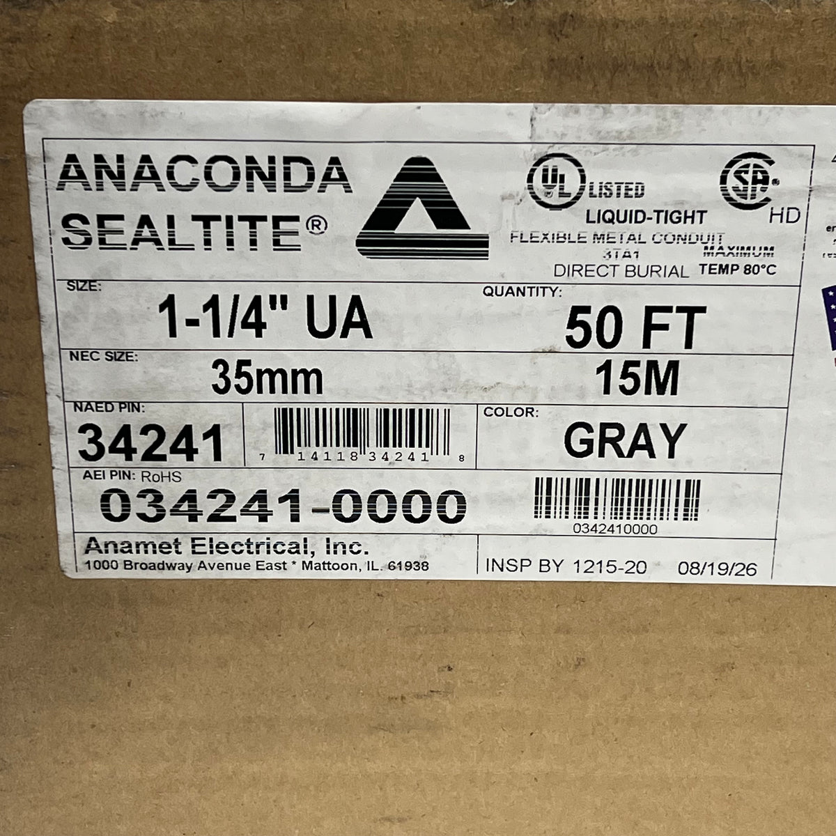 ANACONDA ELECTRICAL Stealtite Thermoplastic Pvc 1-1/4" UA X 50' Grey 034241