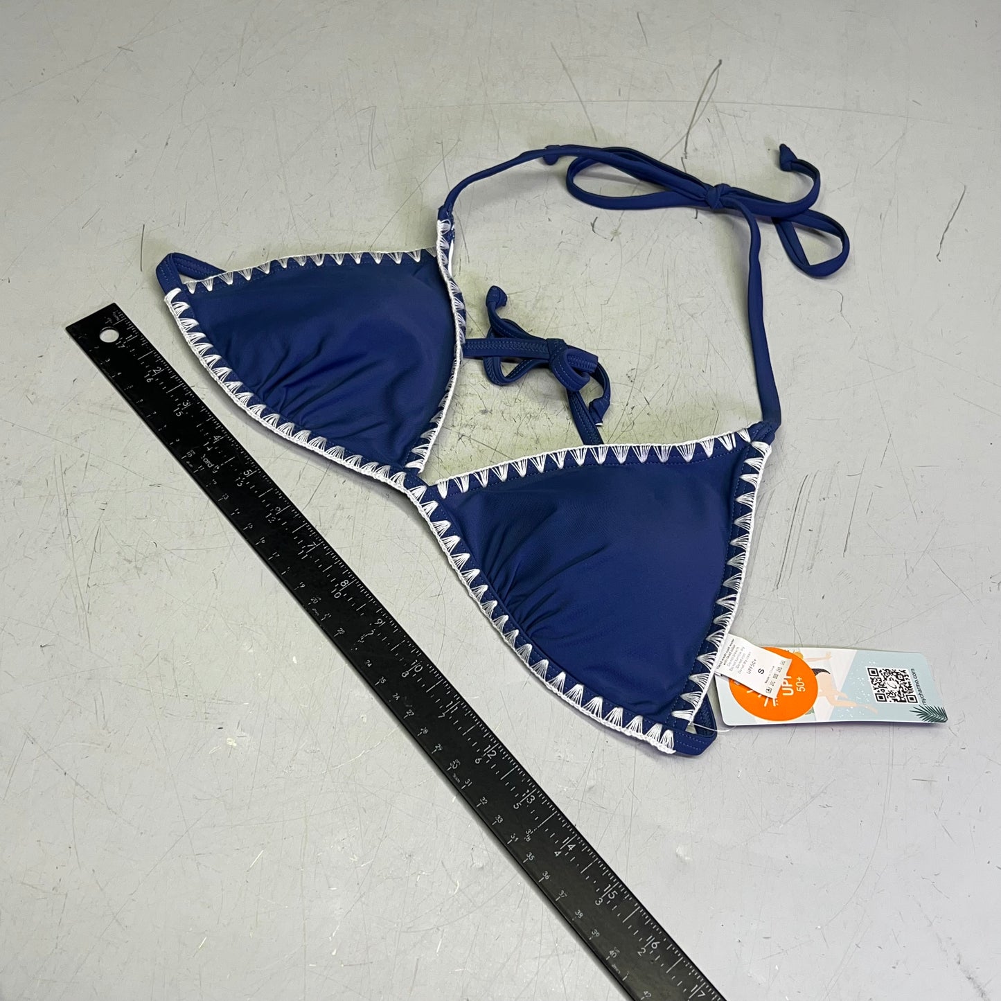 CHARMO Triangle Top Tie Bottoms Contrast Lace Bikini Women's Sz S Blue/White