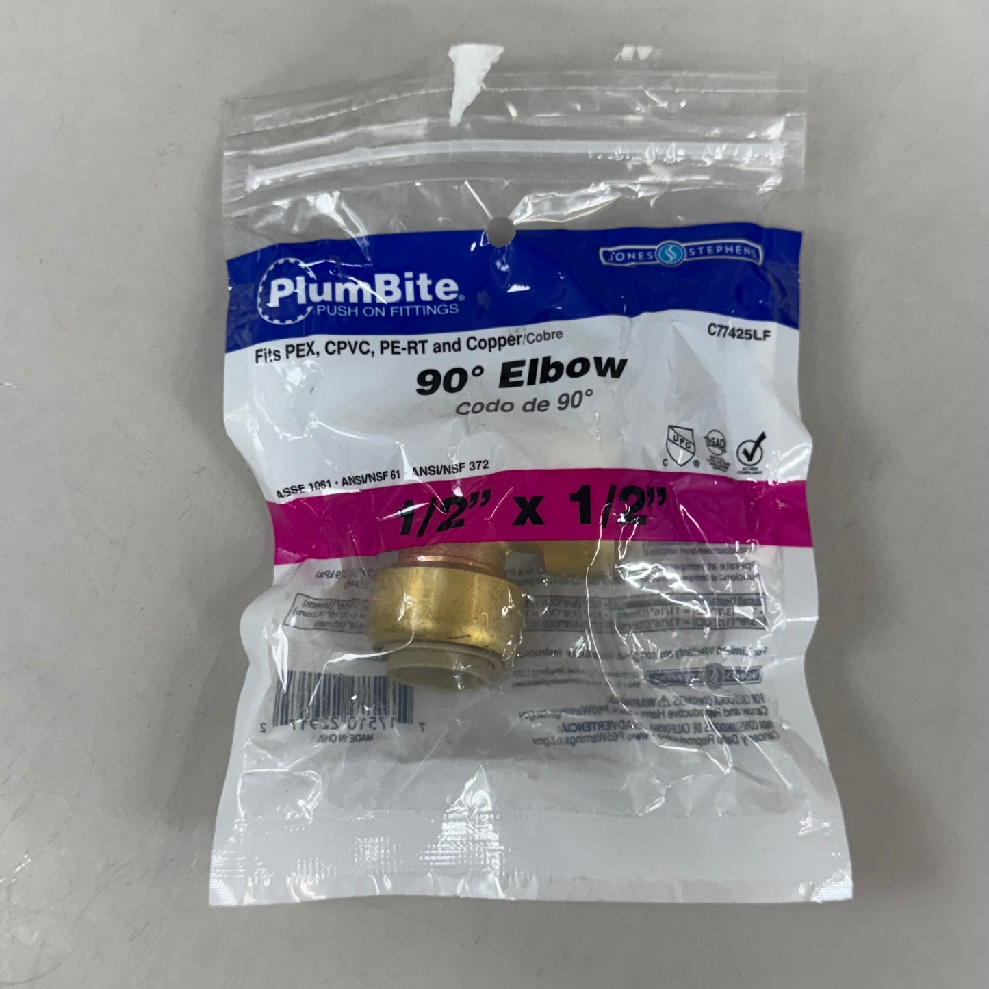 JONES STEPHENS Plumbite 90 Elbow Push On  1/2"x1/2" Brass C77425LF