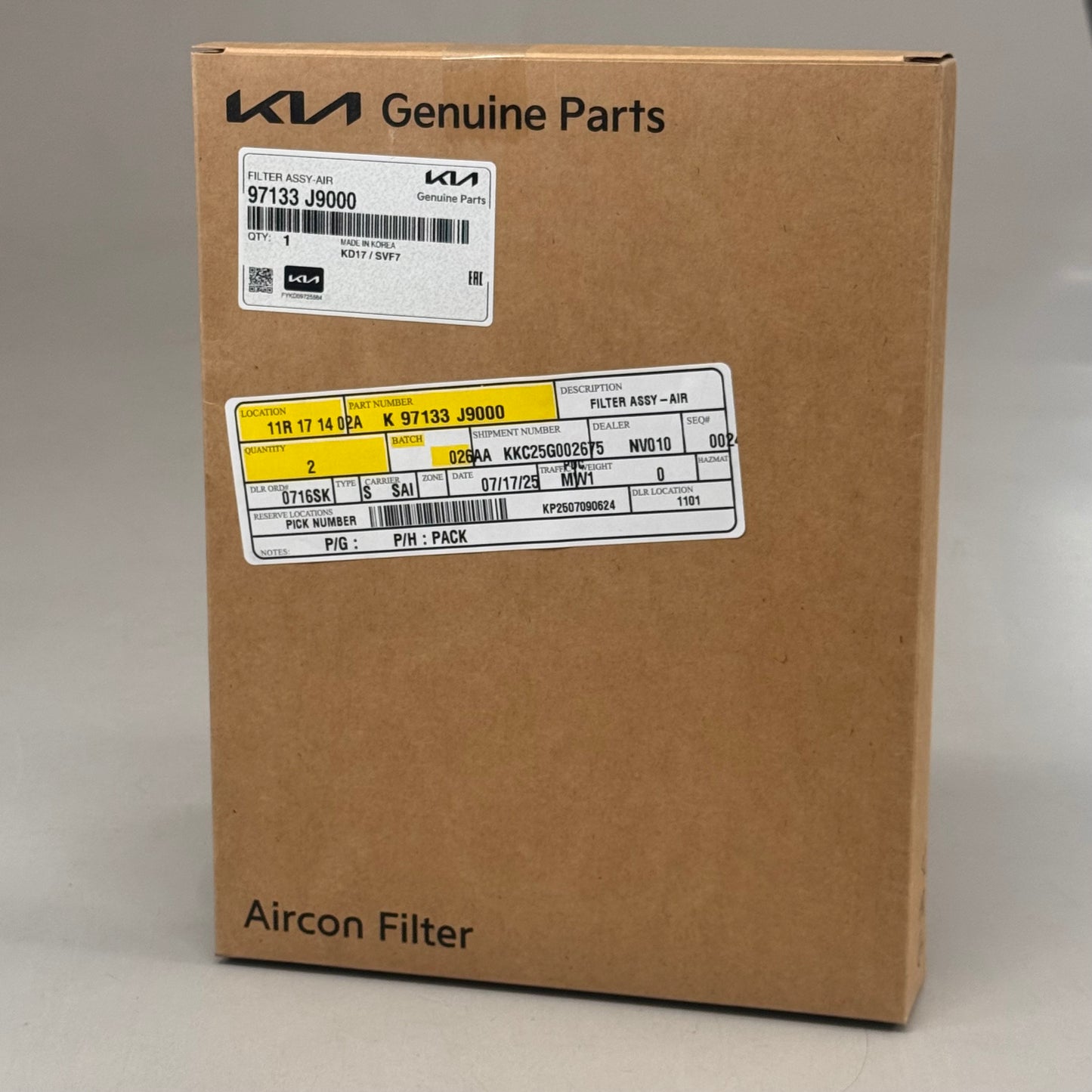 KIA Cabin Air Filter Genuine Parts 2021-2025 Kia Seltos 97133J9000