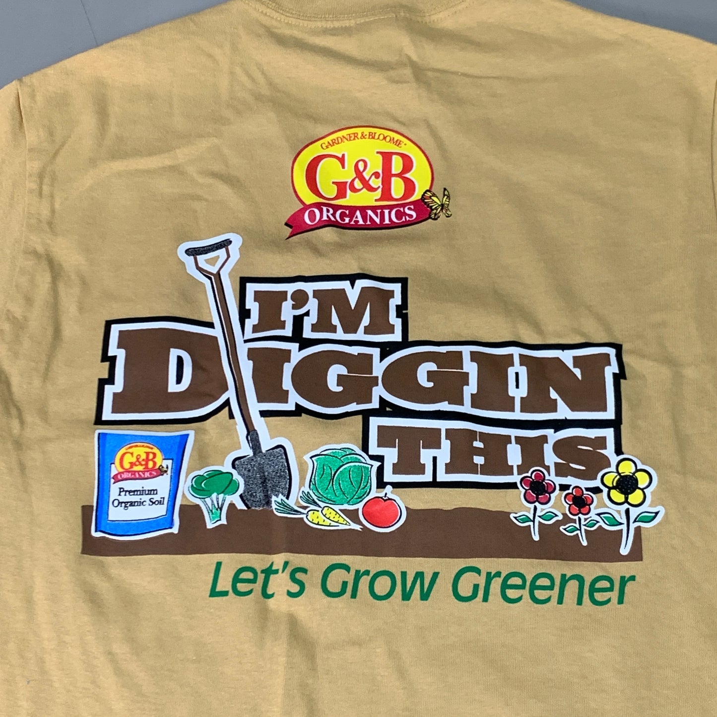 G&B Organics "I'm Diggin This" Logo T-shirt Unisex Sz S Mustard (New)