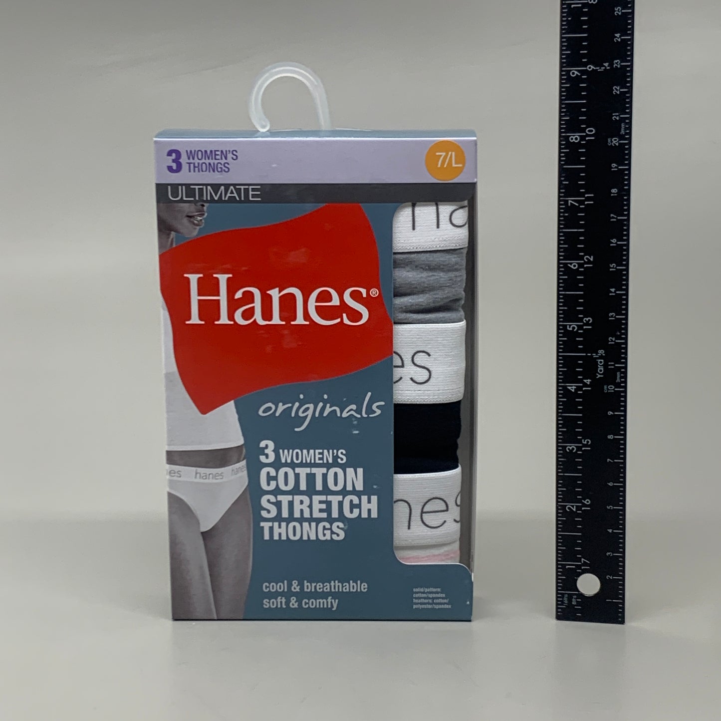 HANES 3 PACK!! Originals Women's Breathable Cotton Stretch Thongs Underwear Sz 7/L Black/Heather/Stripe 45U0BT