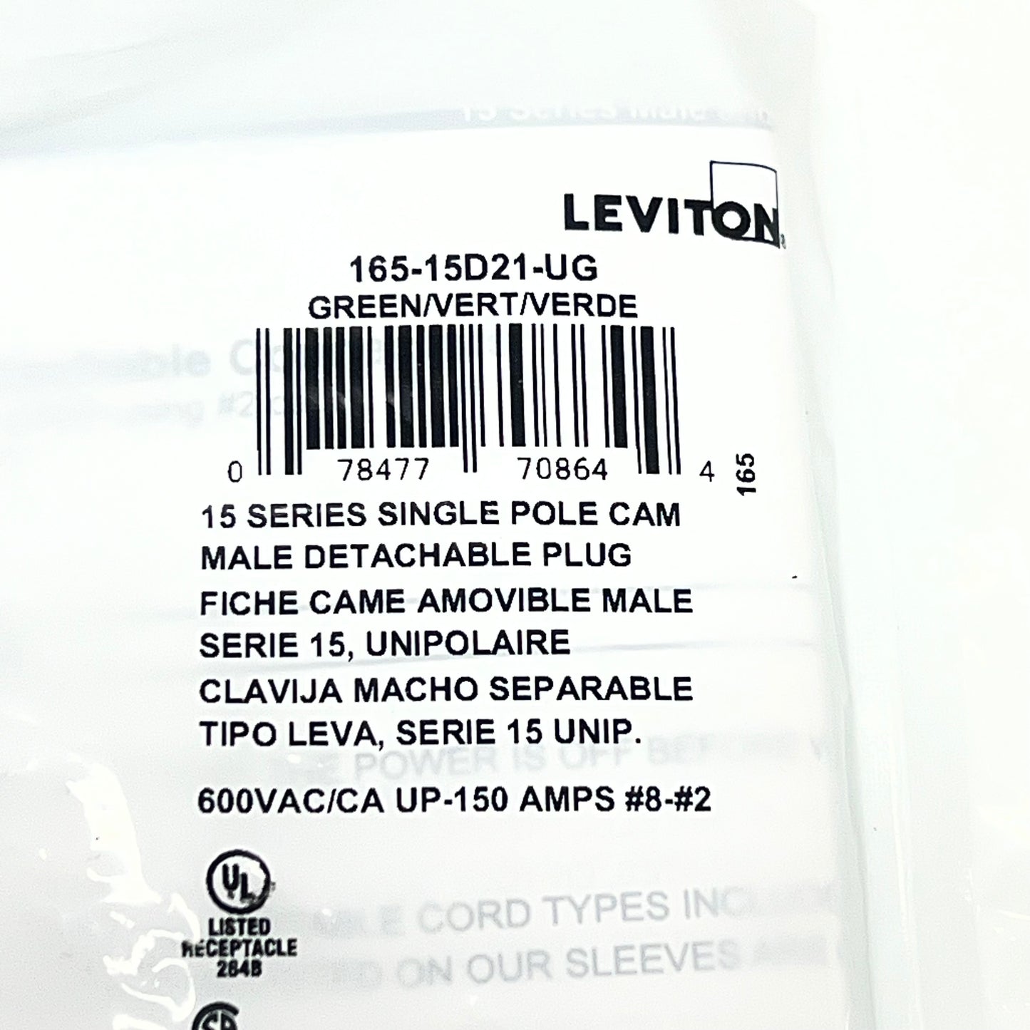LEVITON 15 Series Male Plug #8 - #2 Awg Single Set Screw Green 165-15D21-UG