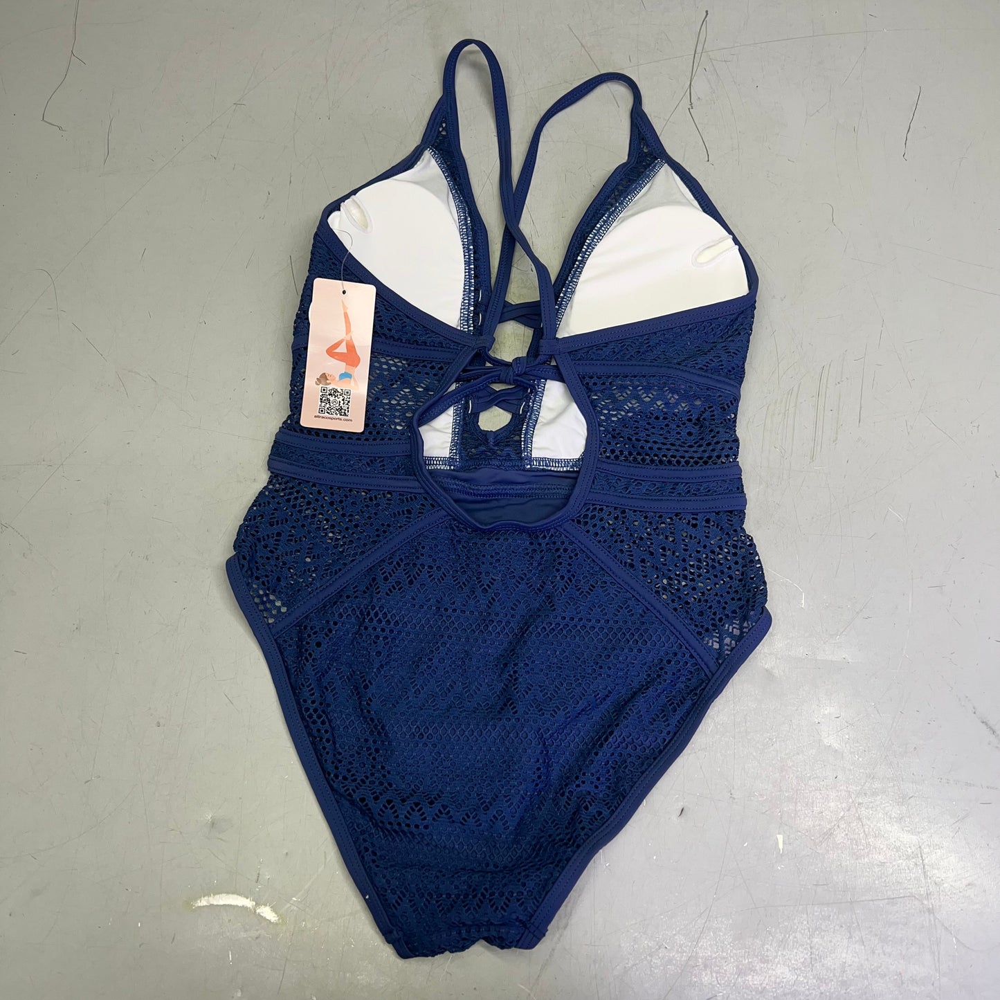 CHARMO Solid Cross Plunge Crochet One Piece Swimsuit Women's Sz S Blue