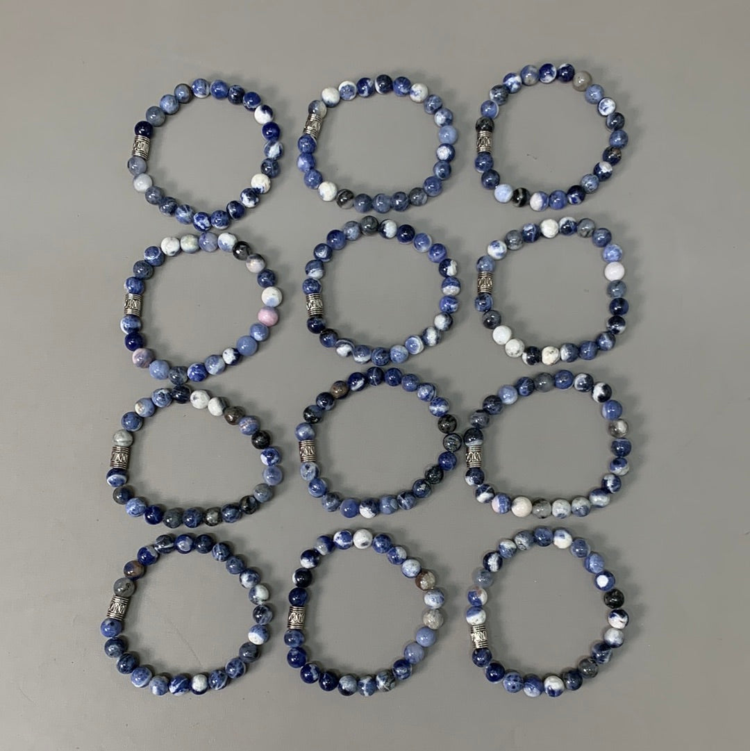 BEST WHOLESALE 12-PACK! Blue Marbled Beaded Crystal Bracelets 3" Silver Jewel New