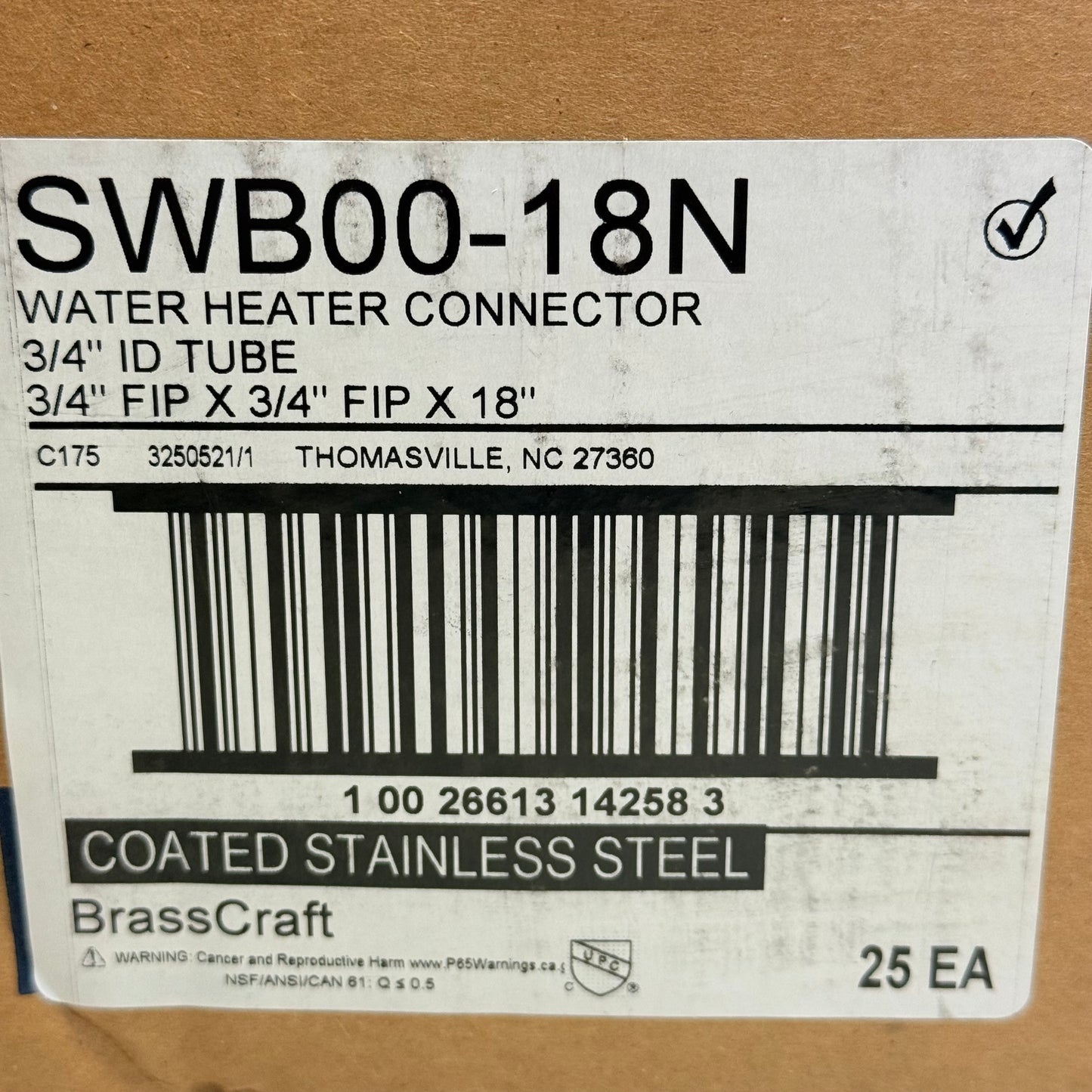 ZA@ BRASS CRAFT (25 PACK) Water Heater Connector Coated SS 3/4" 18" Long SWB00-18N
