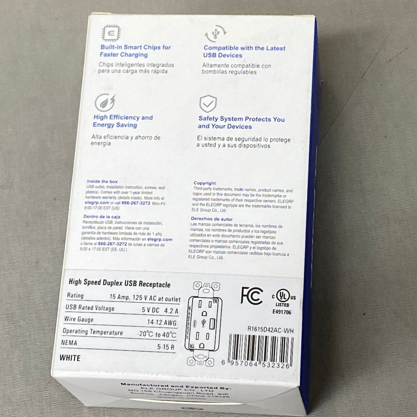 ELEGRP High Speed Duplex USB Receptacle 4.57"x1.93"x2.8" White R1615D42AC-WH