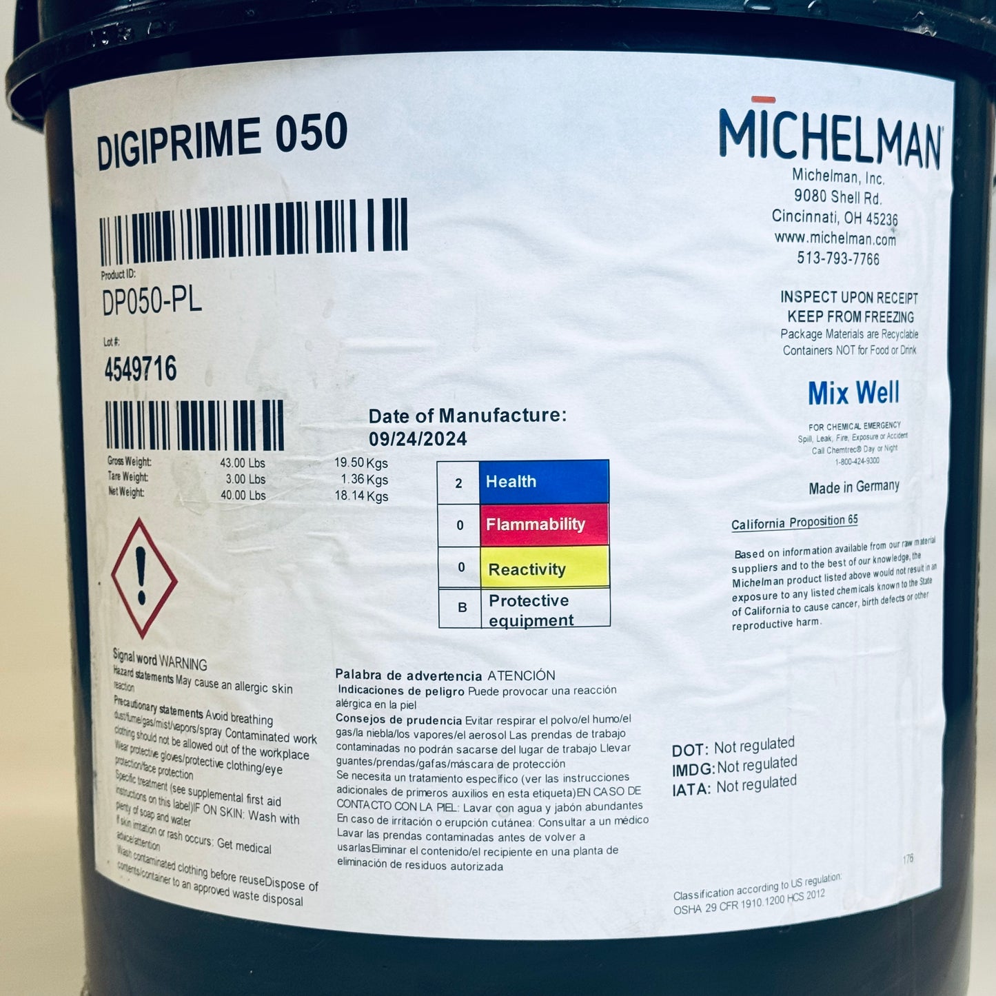 MICHELMAN Digiprime 050 Industrial Coating Sz 14.5” H x 11.5” D DP050-PL