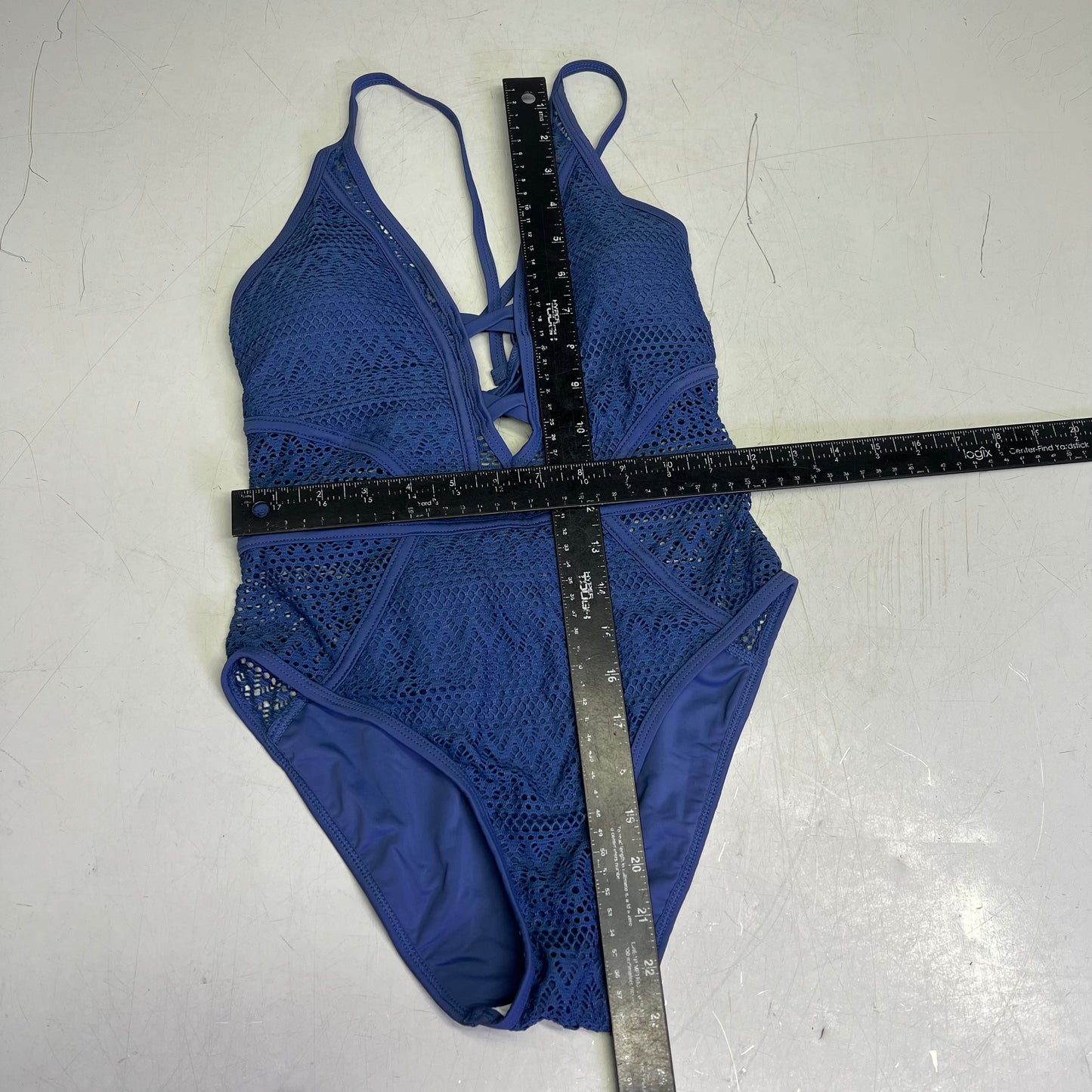 CHARMO Solid Cross Plunge Crochet One Piece Swimsuit Women's Sz XS Blue