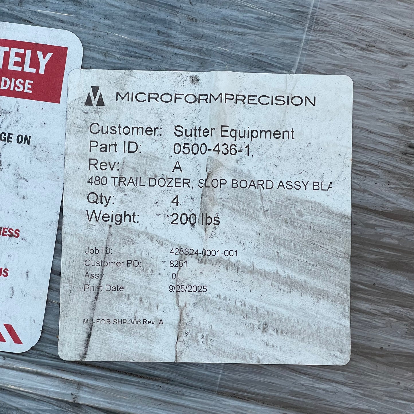 MICROFORM PRECISION 480 Trail Dozer Slop Board Assembly 48”x6” 0500-436-1