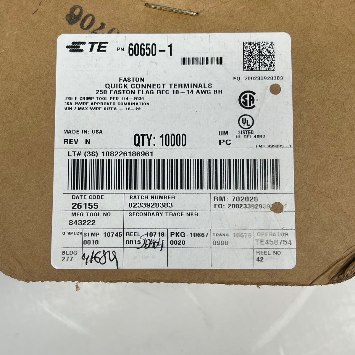 TE CONNECTIVITY (10,000 PACK) Faston Quick Connect Terminals Gold 0233928383