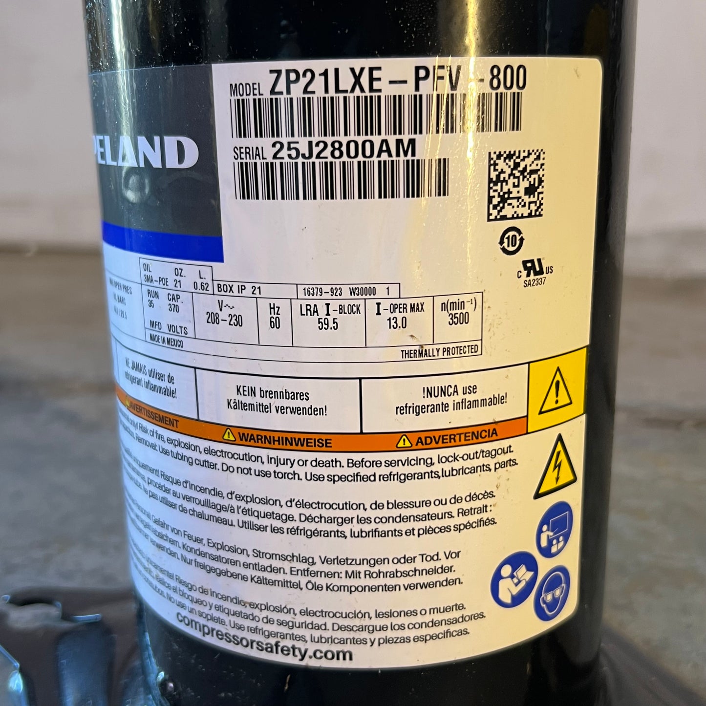 COPELAND Compressor 208/230V Sz 9"L x 9"W x 15"H, Black ZP21LXE-PFV-800