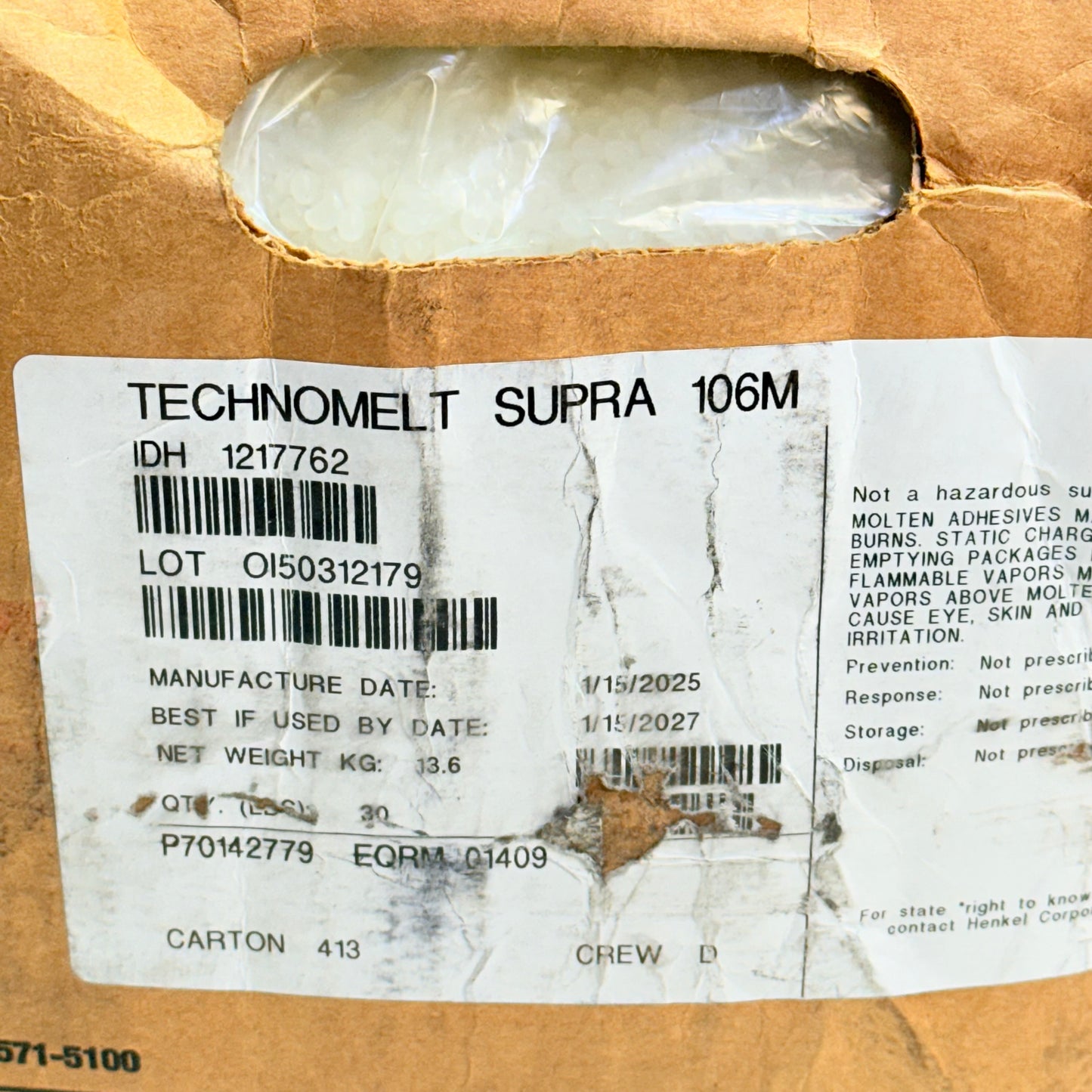 ZA@ HENKEL Technomelt Supra 106 Hot Melt Adhesive 33.6lb 1217762 (New- Dented Box)