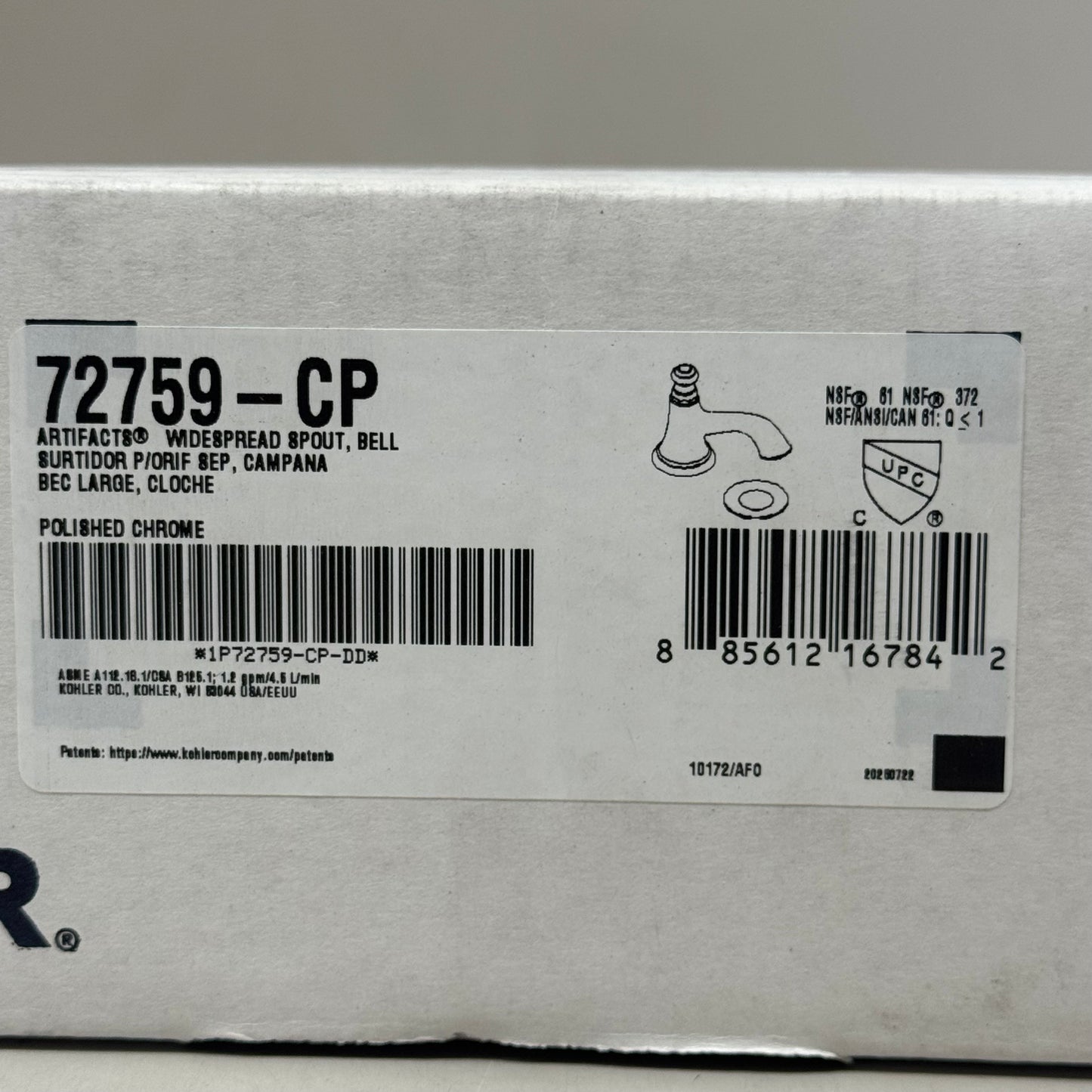 KOHLER Artifacts Widespread Bathroom Faucet Bell Spout Polished Chrome 72759-CP Without Handles