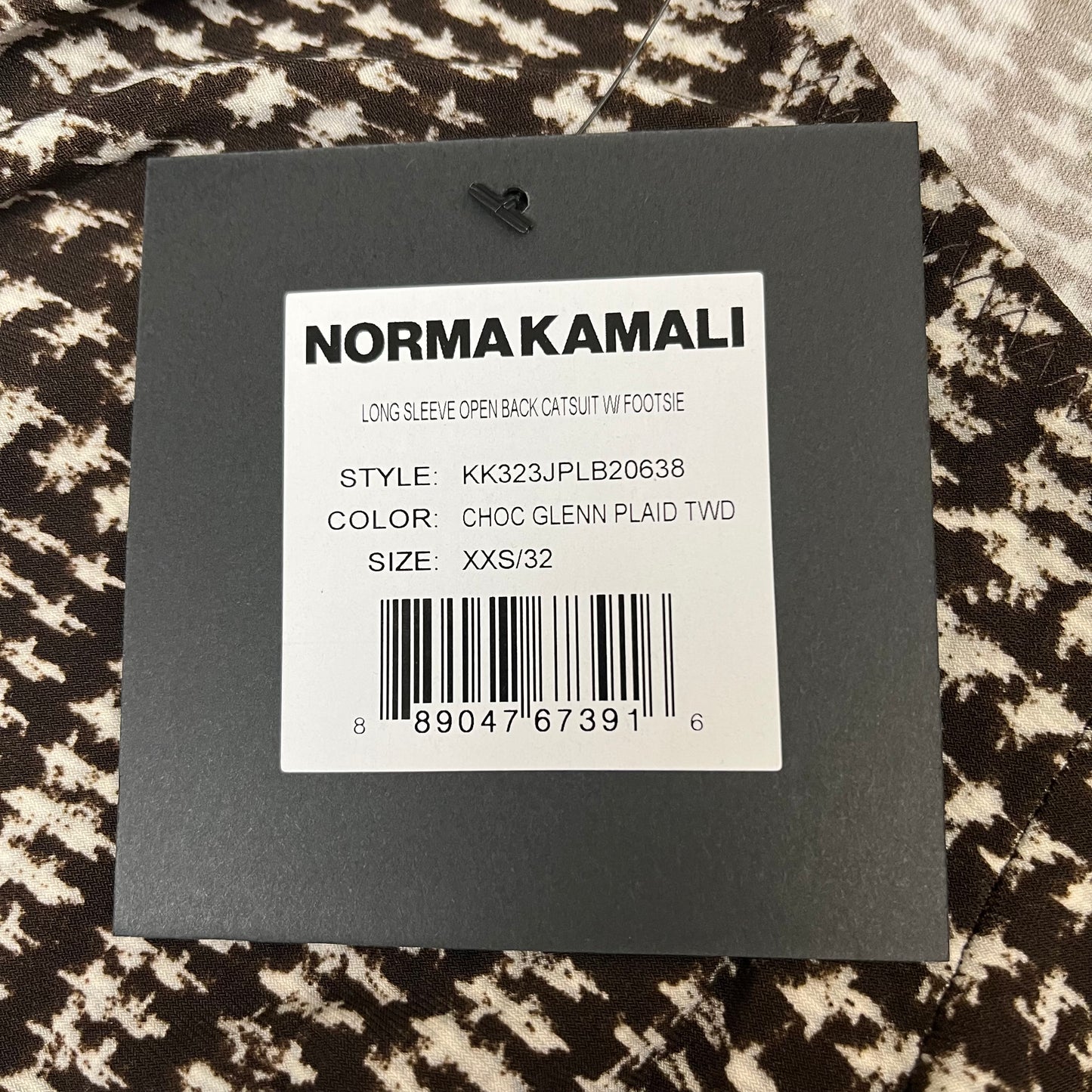 NORMA KAMALI Sleeve Open Back Catsuit Footsie Women's Sz XXS/32 Chocolate Plaid