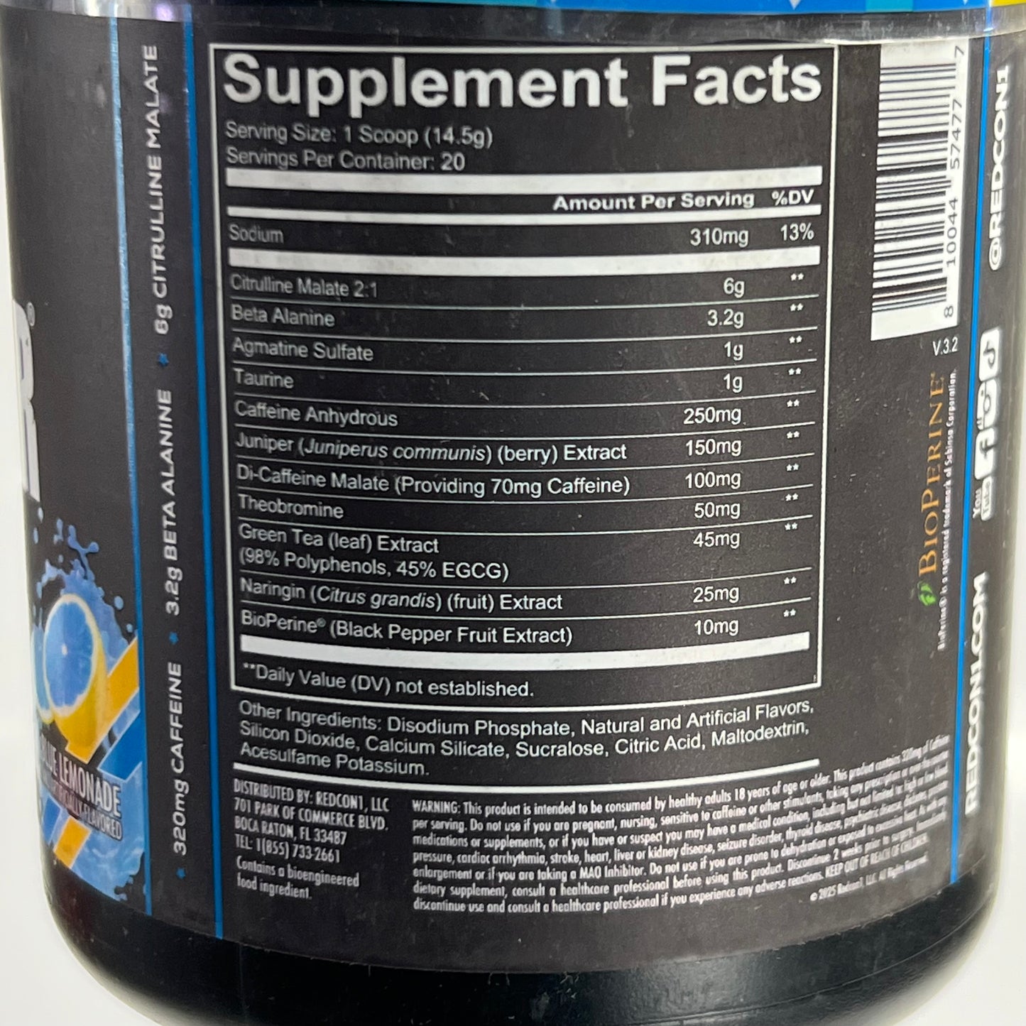 REDCON1 Pre-Workout, Blue Lemonade 20 Serving 10.23 oz BB 11/28