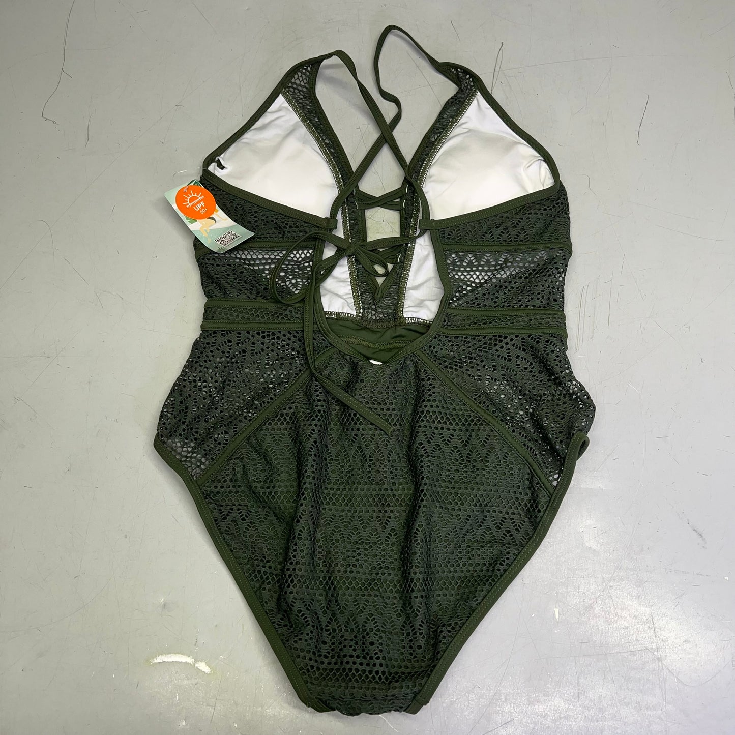 CHARMO Solid Cross Plunge Crochet One Piece Swimsuit Women's Sz M Olive Green