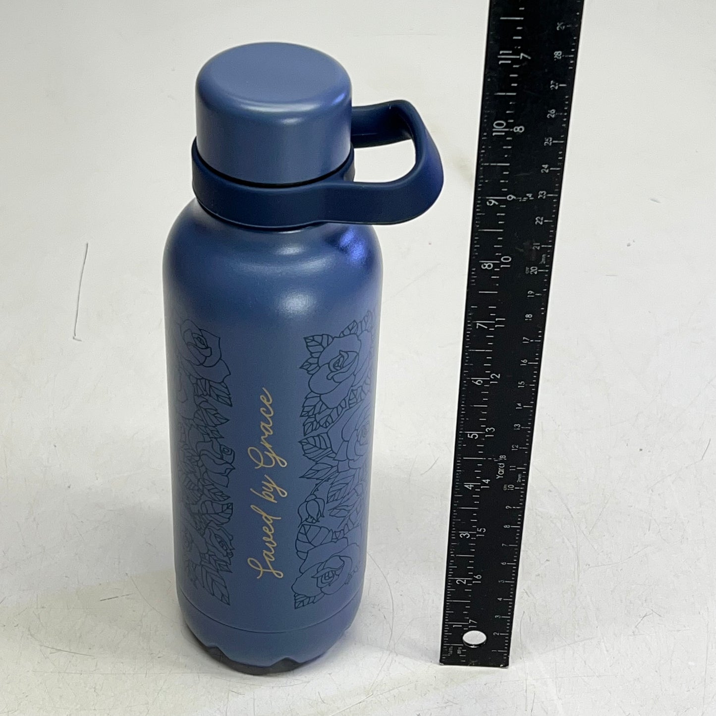 CHRISTIAN ART GIFTS Saved By Grace Floral Stainless Steel Water Bottle 24oz Bl|ue