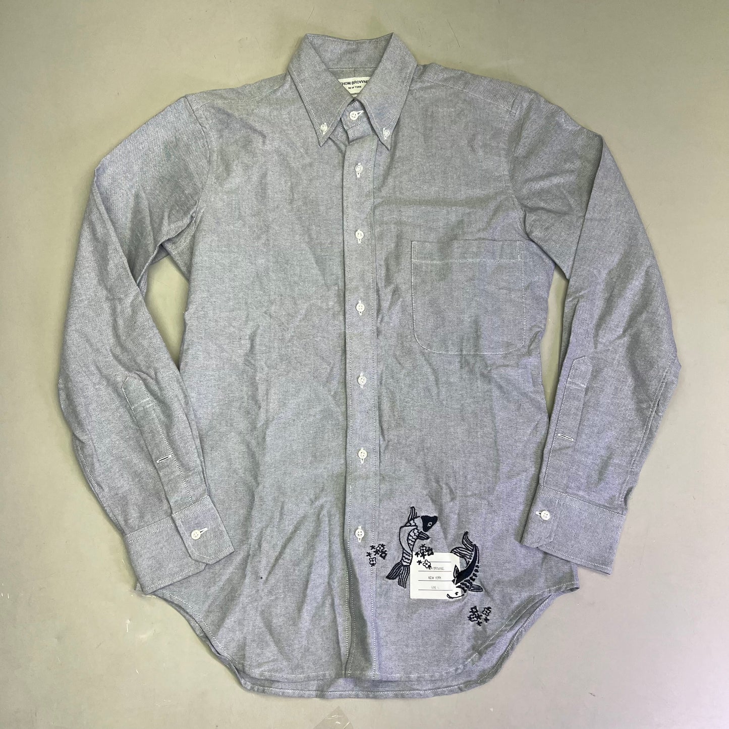 THOM BROWNE Embroidered Koi Fish Button Up Shirt Designer Sz 1  Blue (Pre-Owned)